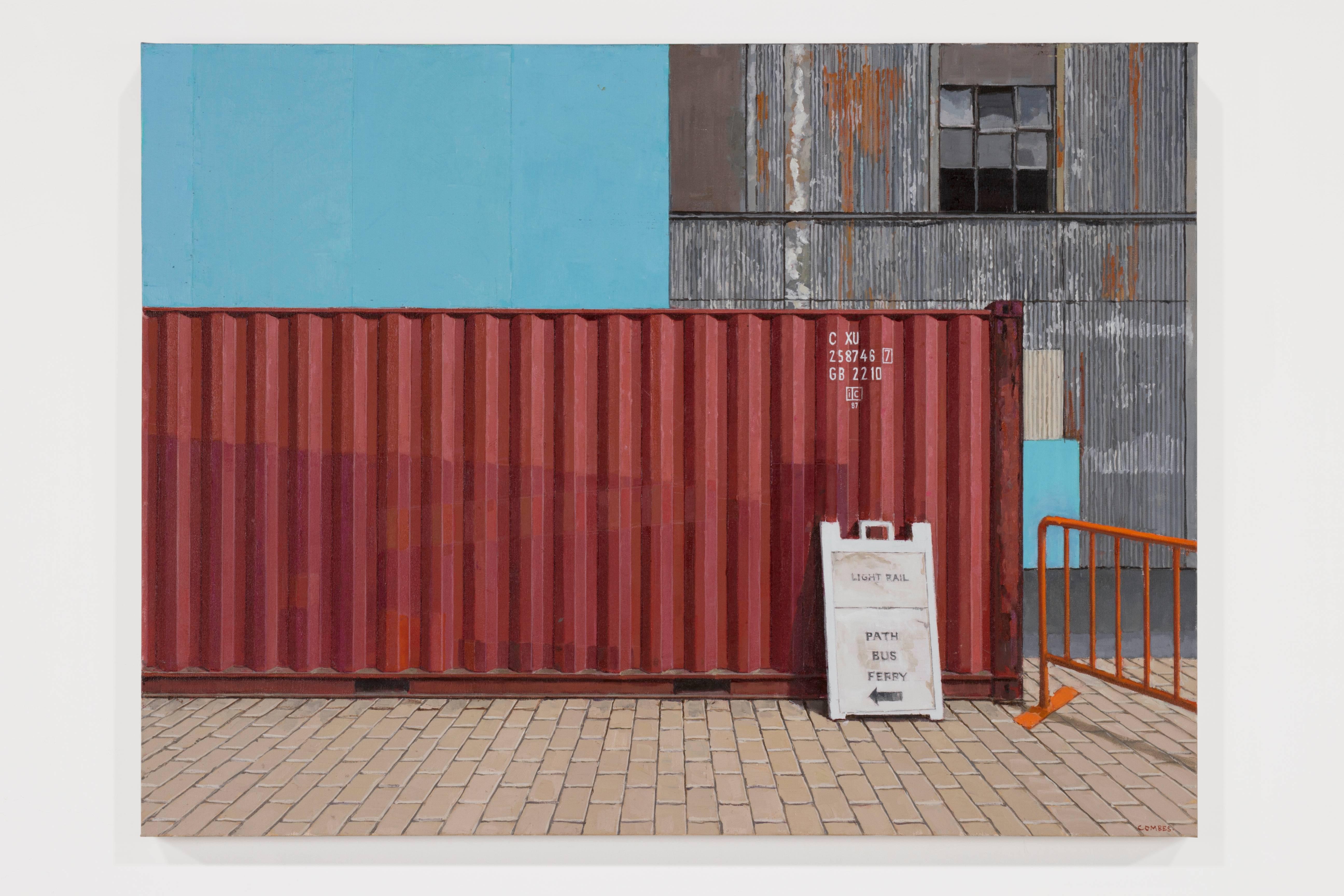 CONTAINER AT HOBOKEN PATH STATION, new jersey, red container, blue - Painting by Richard Combes