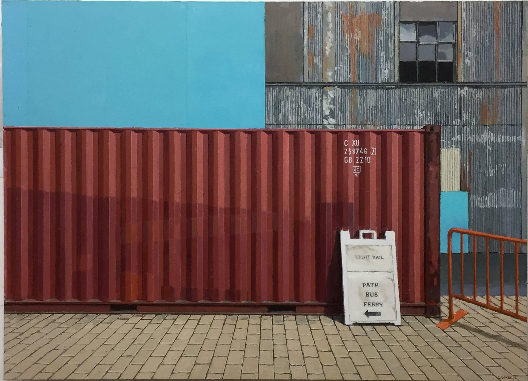 Richard Combes Landscape Painting - CONTAINER AT HOBOKEN PATH STATION, new jersey, red container, blue