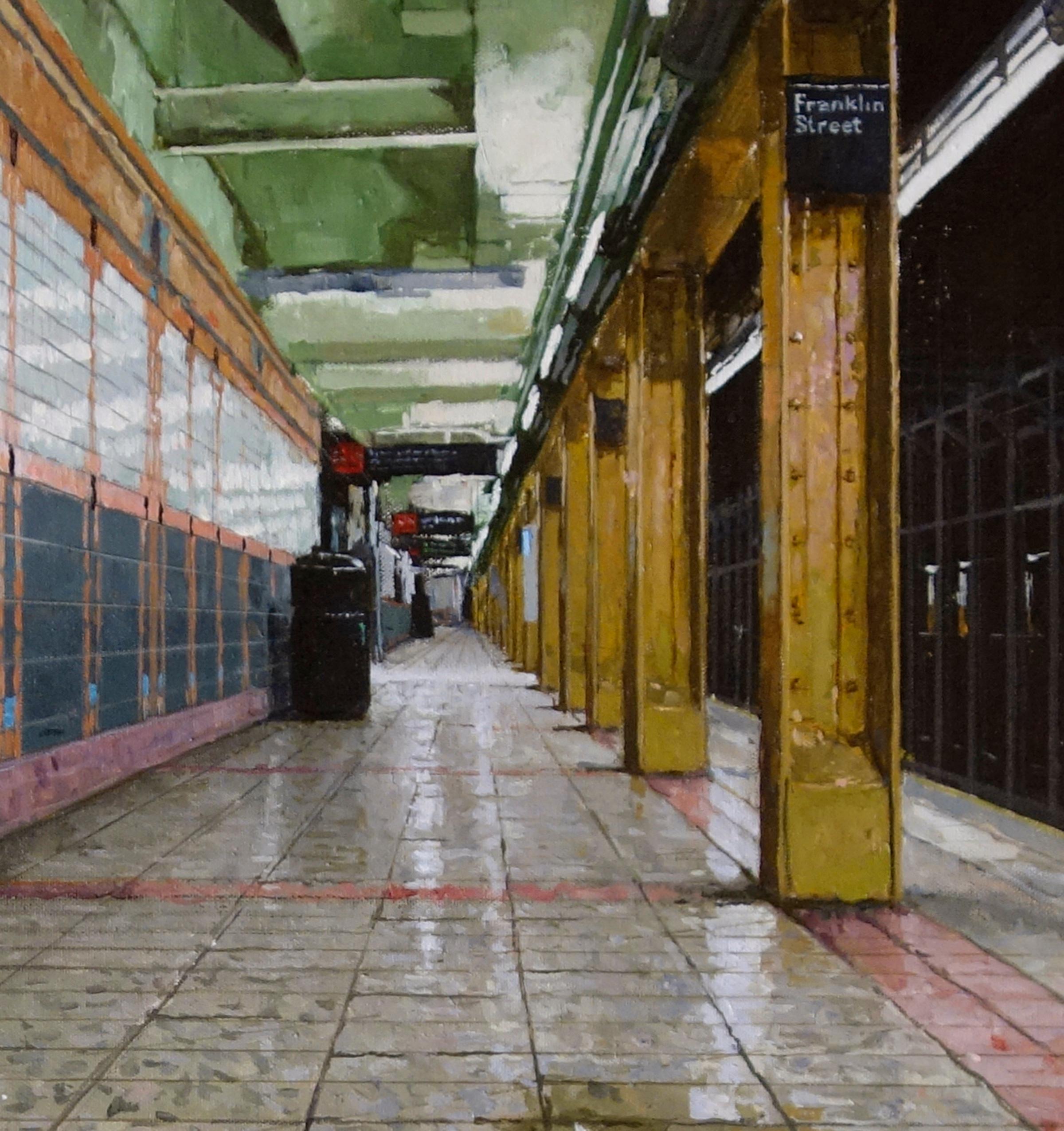 A British-born, American based painter, Richard Combes focuses his subjects on the forgotten corners of New York City, subway stations, the cobblestone streets with puddles in Tribeca, or the forlorn lobbies of old office buildings.