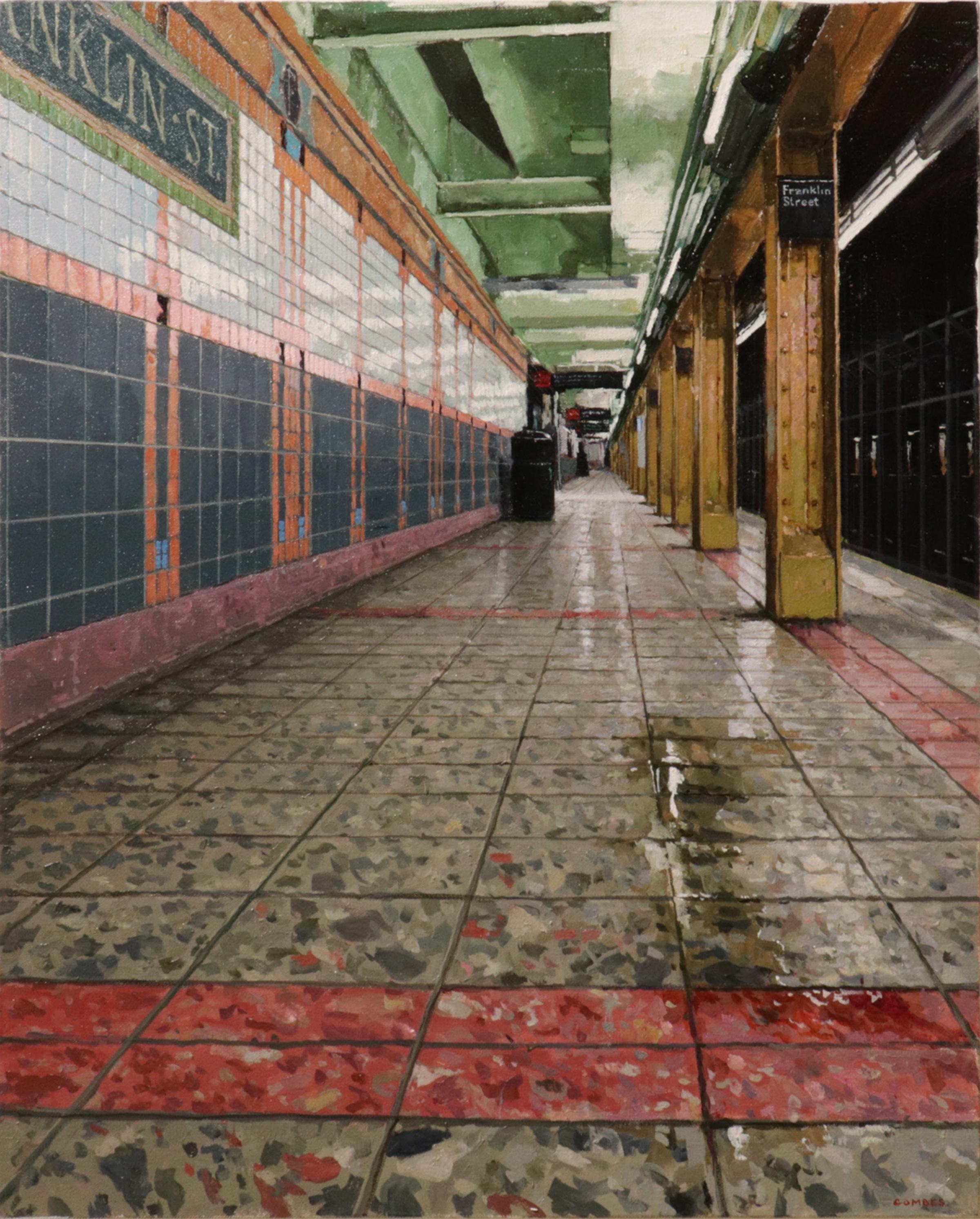 DOWNTOWN PLATFORM FRANKLIN ST. SUBWAY - Photorealism / NYC Train Station - Painting by Richard Combes