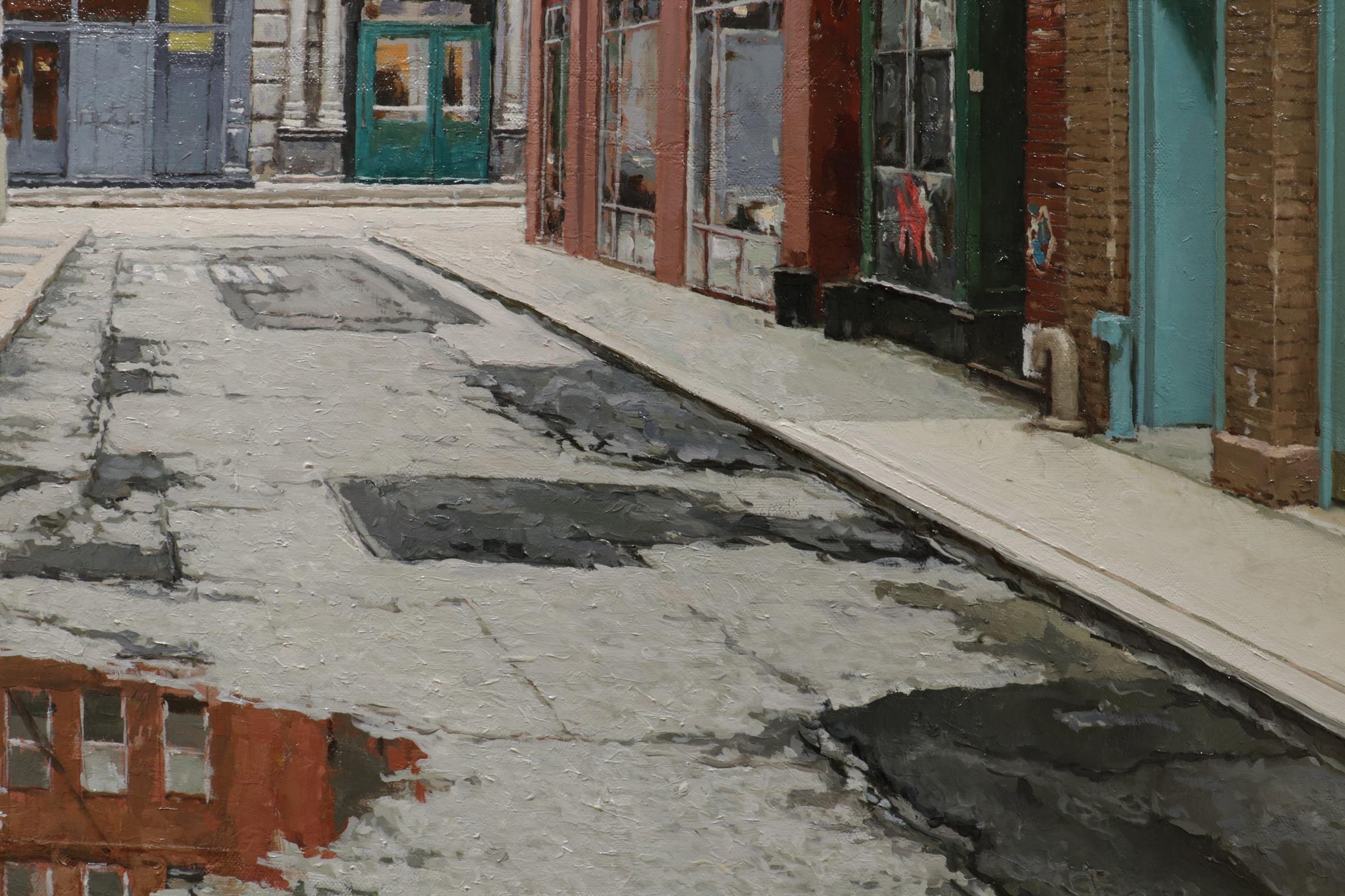 EARLY MORNING IN THE CITY, New York City, Puddle, Tribeca, Cobblestone, Old NY - Painting by Richard Combes