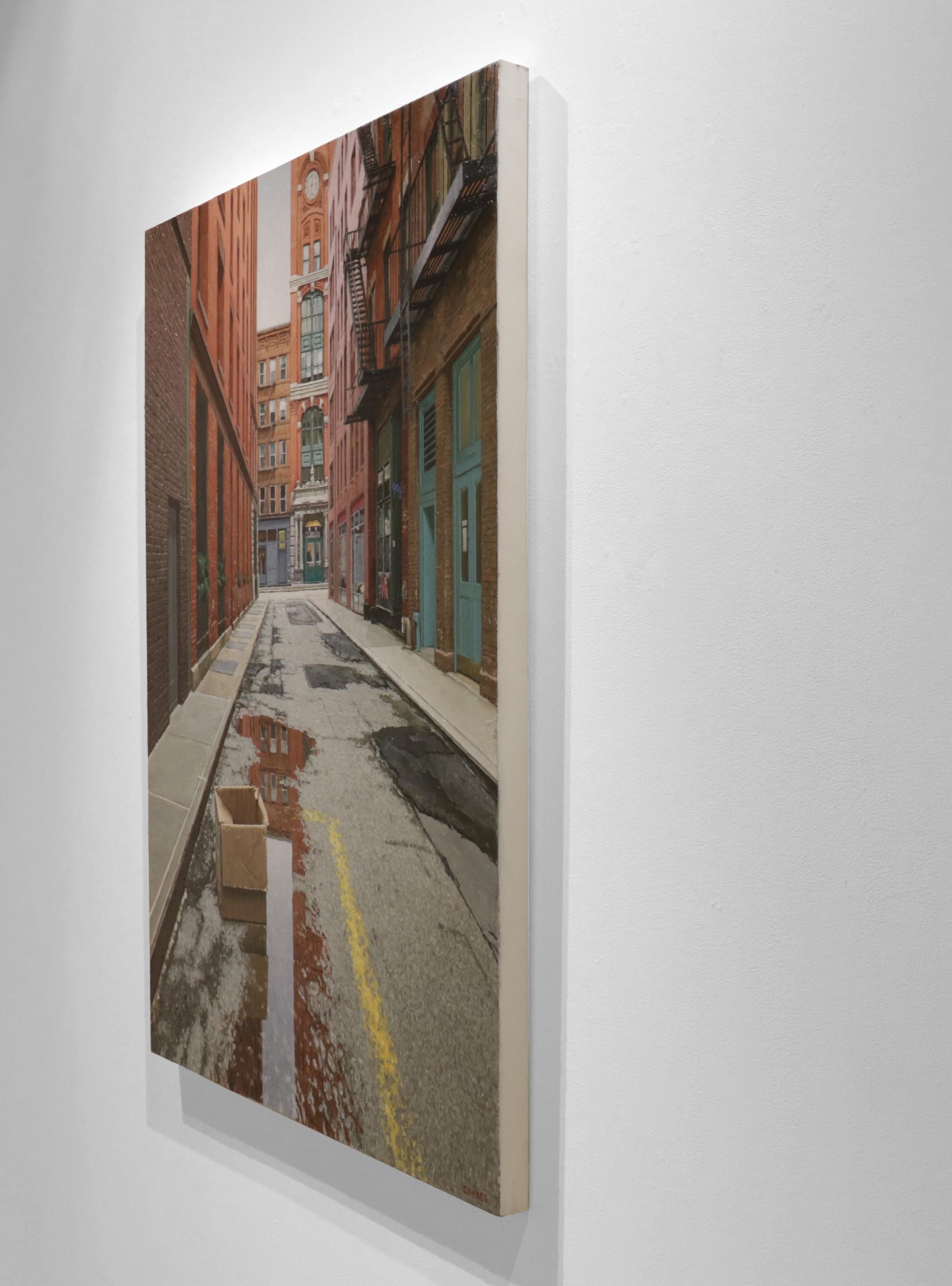 EARLY MORNING IN THE CITY, New York City, Puddle, Tribeca, Cobblestone, Old NY - Gray Landscape Painting by Richard Combes