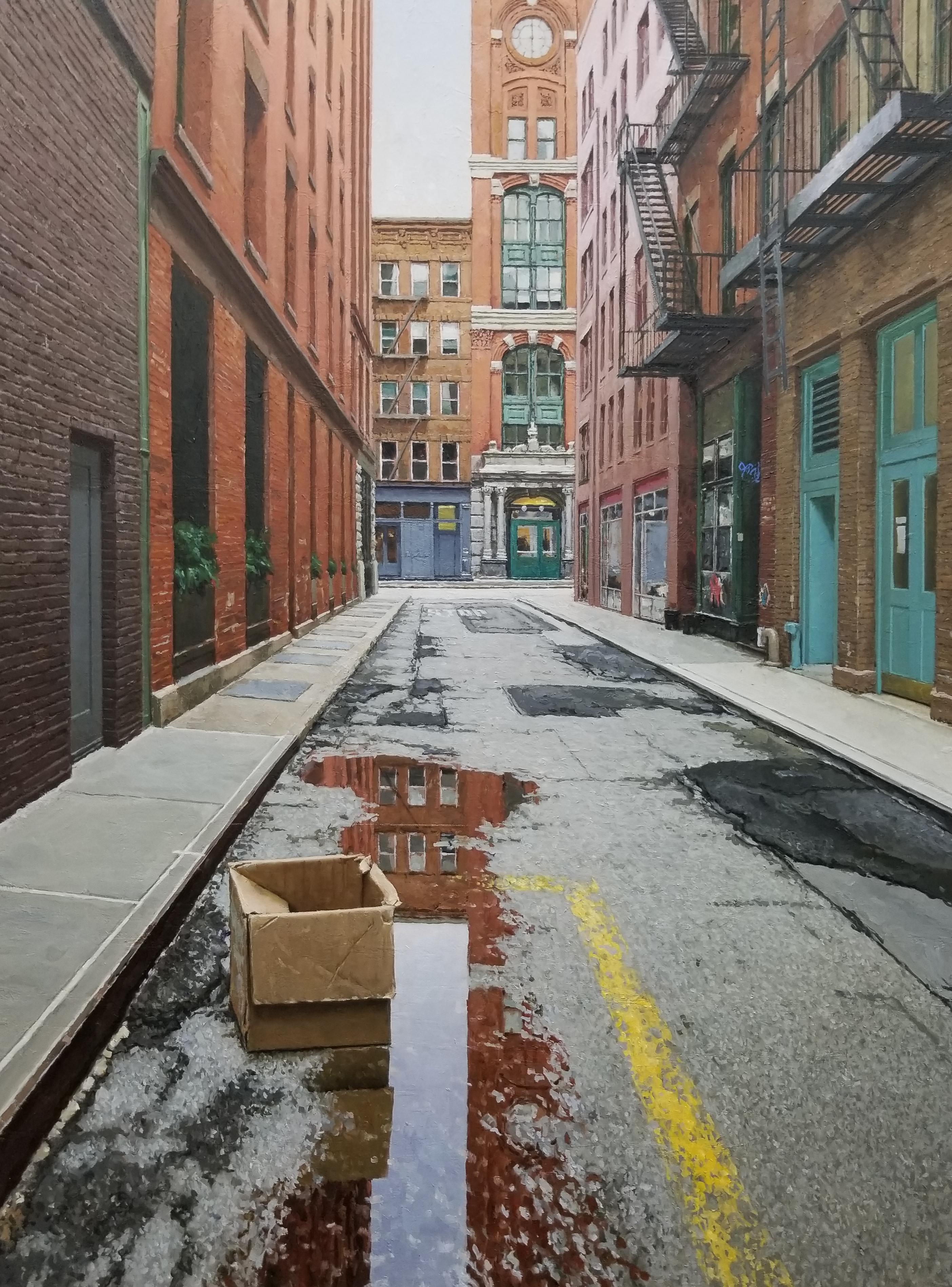 Richard Combes Landscape Painting - EARLY MORNING IN THE CITY, New York City, Puddle, Tribeca, Cobblestone, Old NY