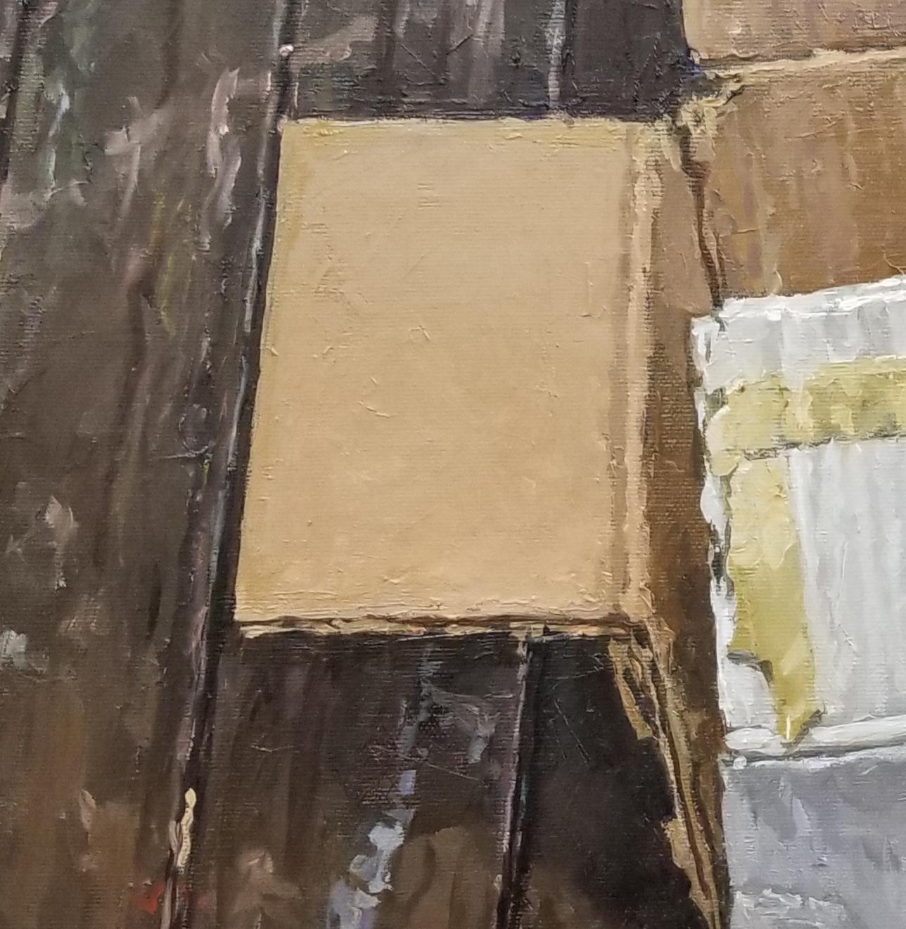EMPTY BOX 2 Still Life, Cardboard, Everyday Objects, Neutral Colors - Painting by Richard Combes