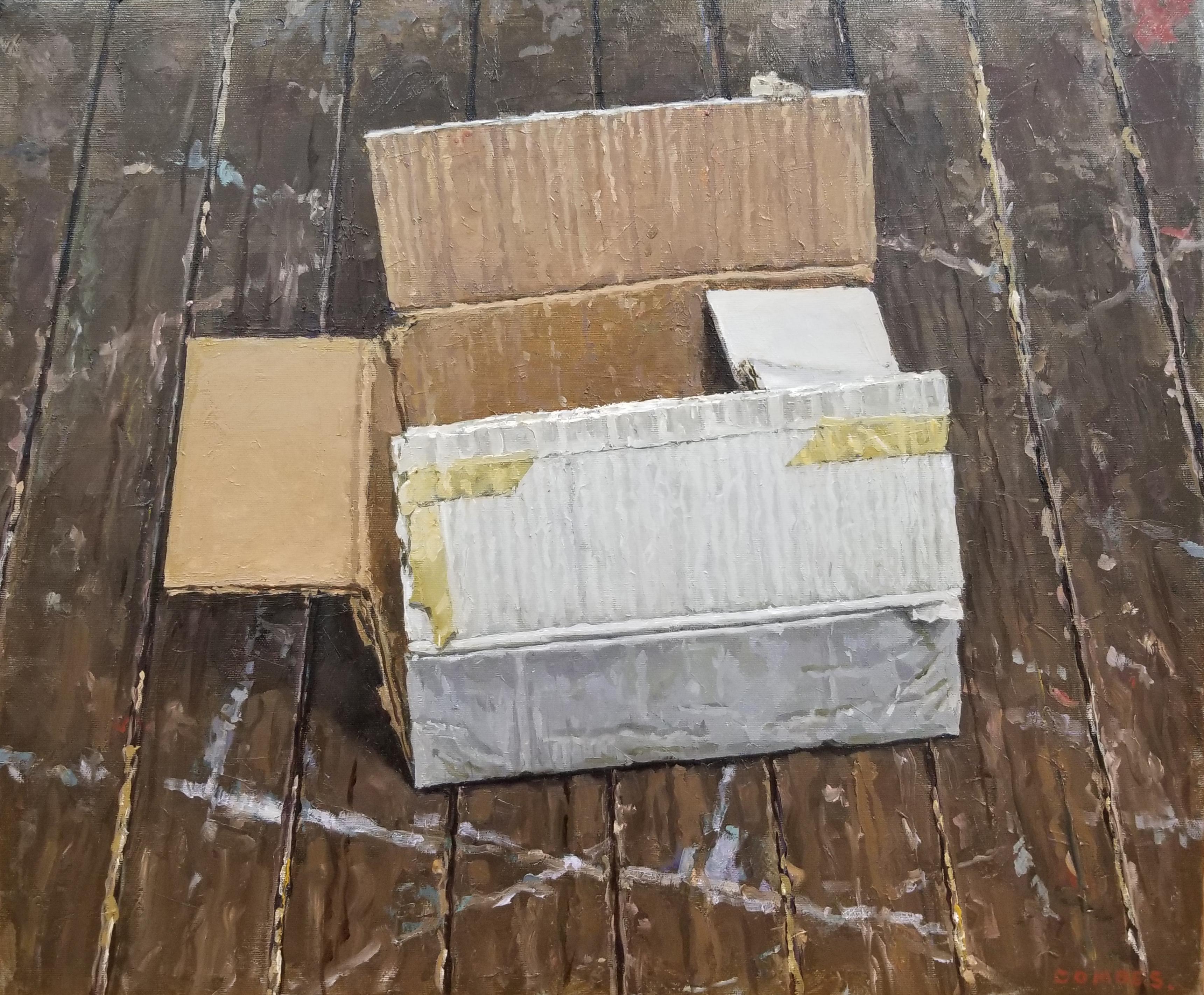 Richard Combes Still-Life Painting - EMPTY BOX 2 Still Life, Cardboard, Everyday Objects, Neutral Colors