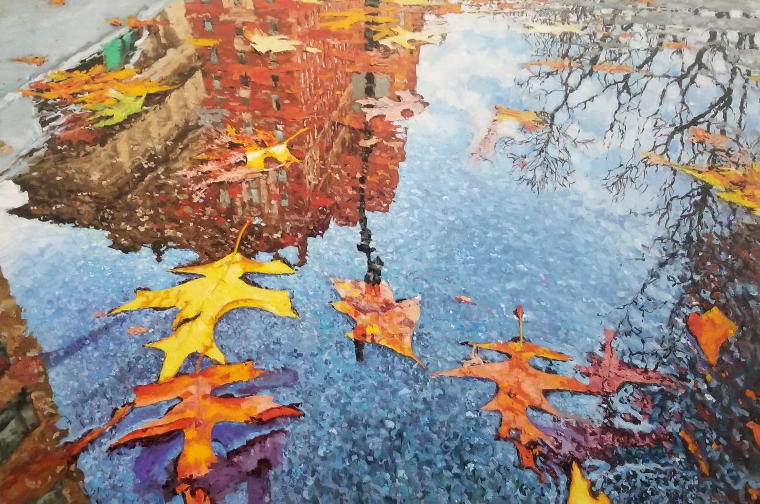 Richard Combes Landscape Painting - FALL REFLECTION CENTRAL PARK - Realism / Cityscape / Autumn 