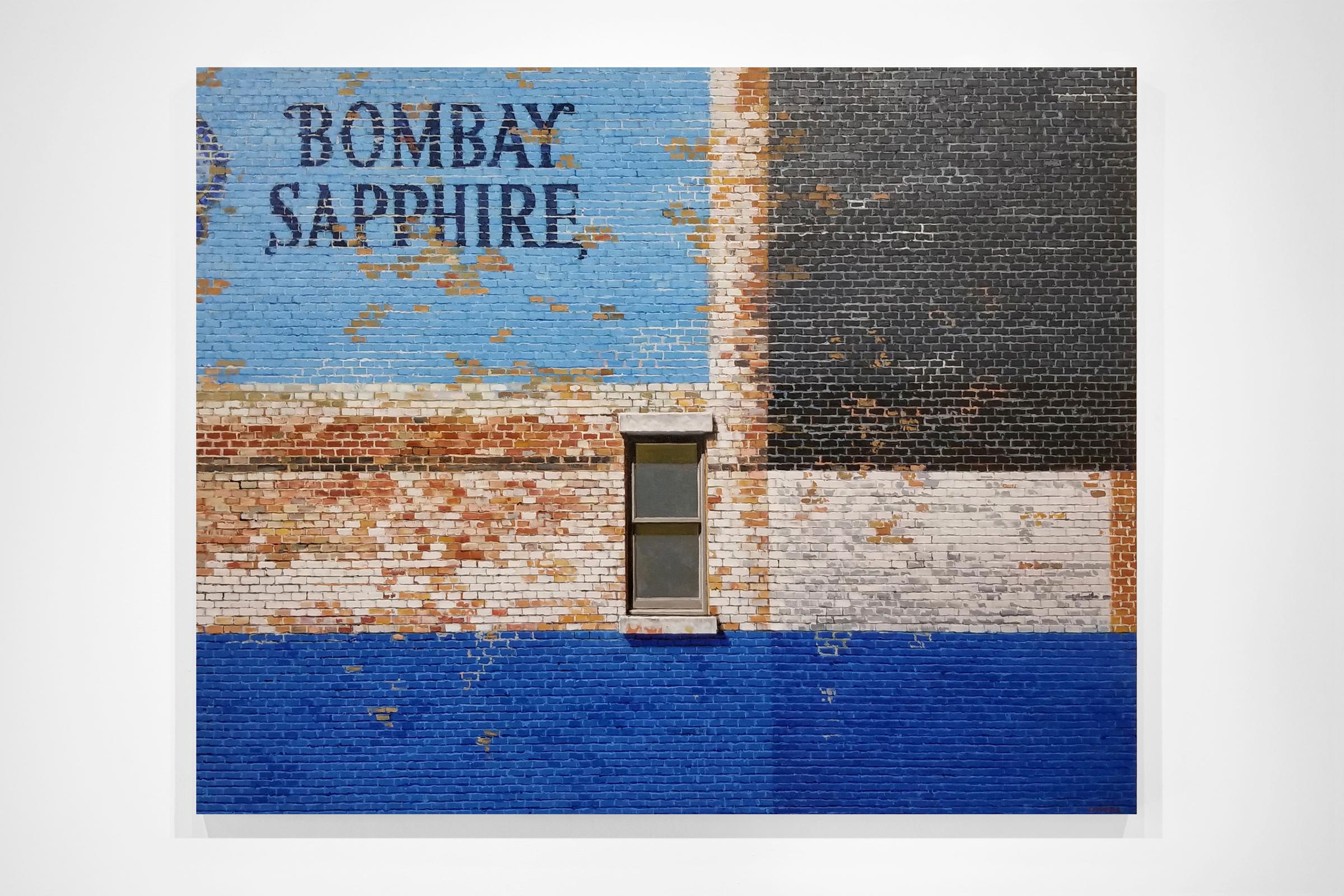 GHOST SIGN ON A WALL - Photorealism / Contemporary Cityscape / Bombay Sapphire - Painting by Richard Combes