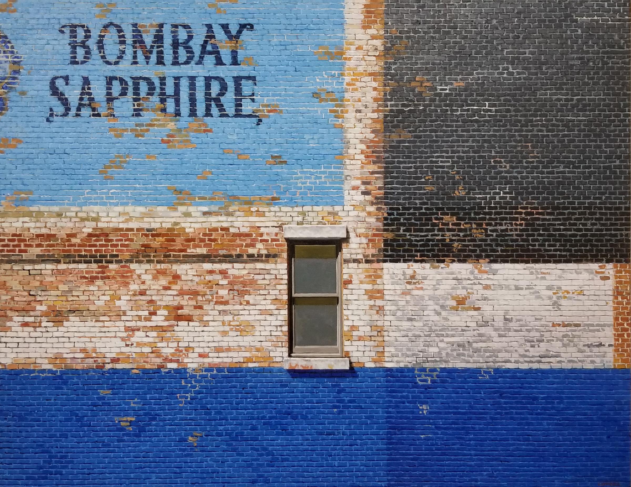 Richard Combes Landscape Painting - GHOST SIGN ON A WALL - Photorealism / Contemporary Cityscape / Bombay Sapphire