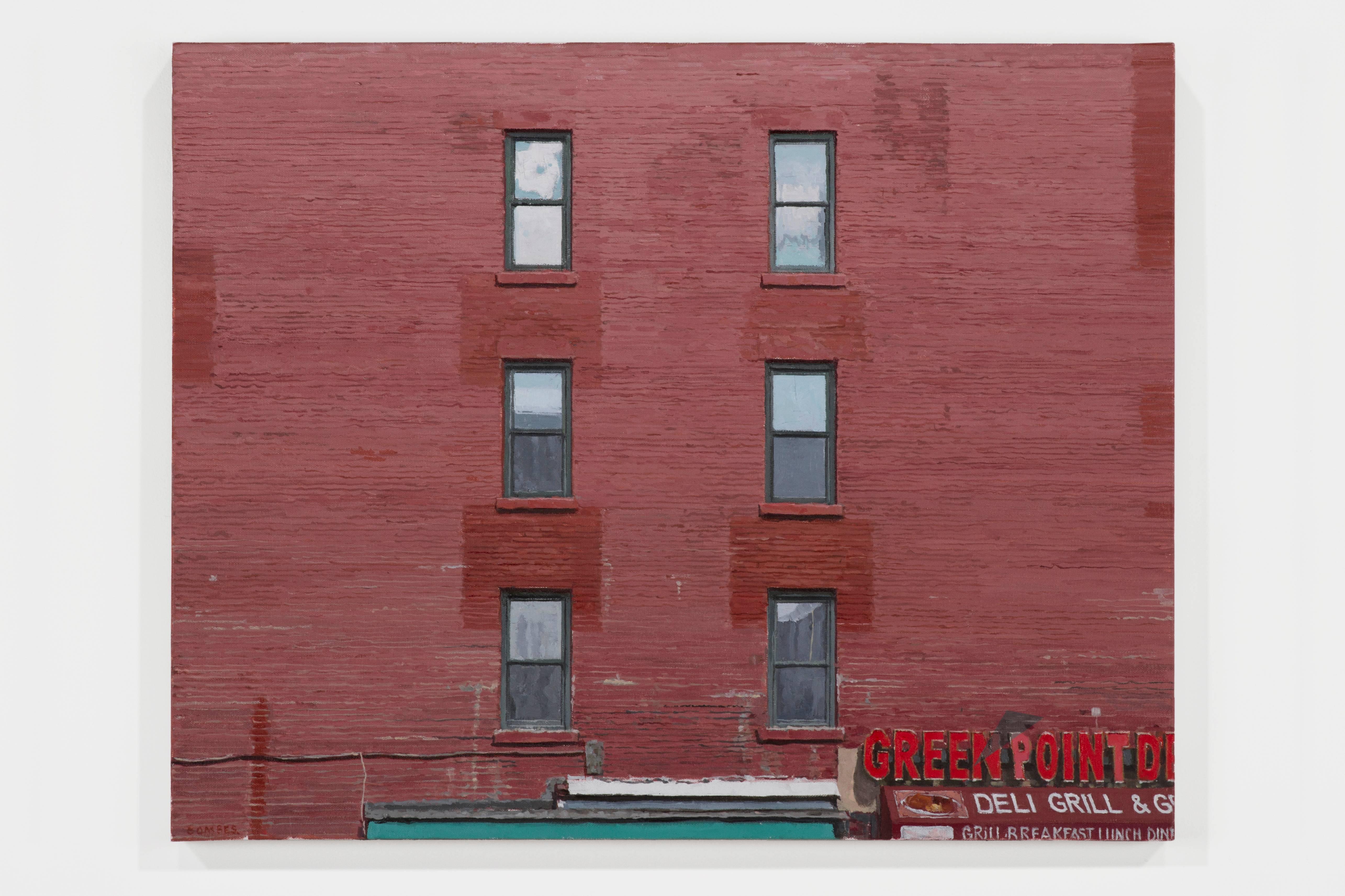 GREENPOINT DELI, photo-realism, red brick wall, side of apartment, brooklyn - Painting by Richard Combes