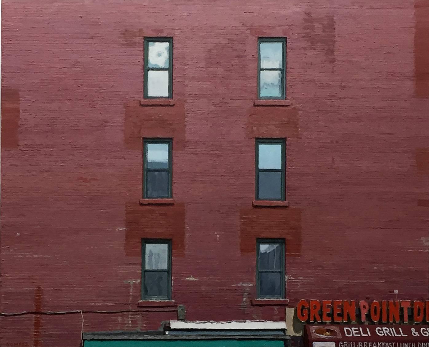 Richard Combes Landscape Painting - GREENPOINT DELI, photo-realism, red brick wall, side of apartment, brooklyn