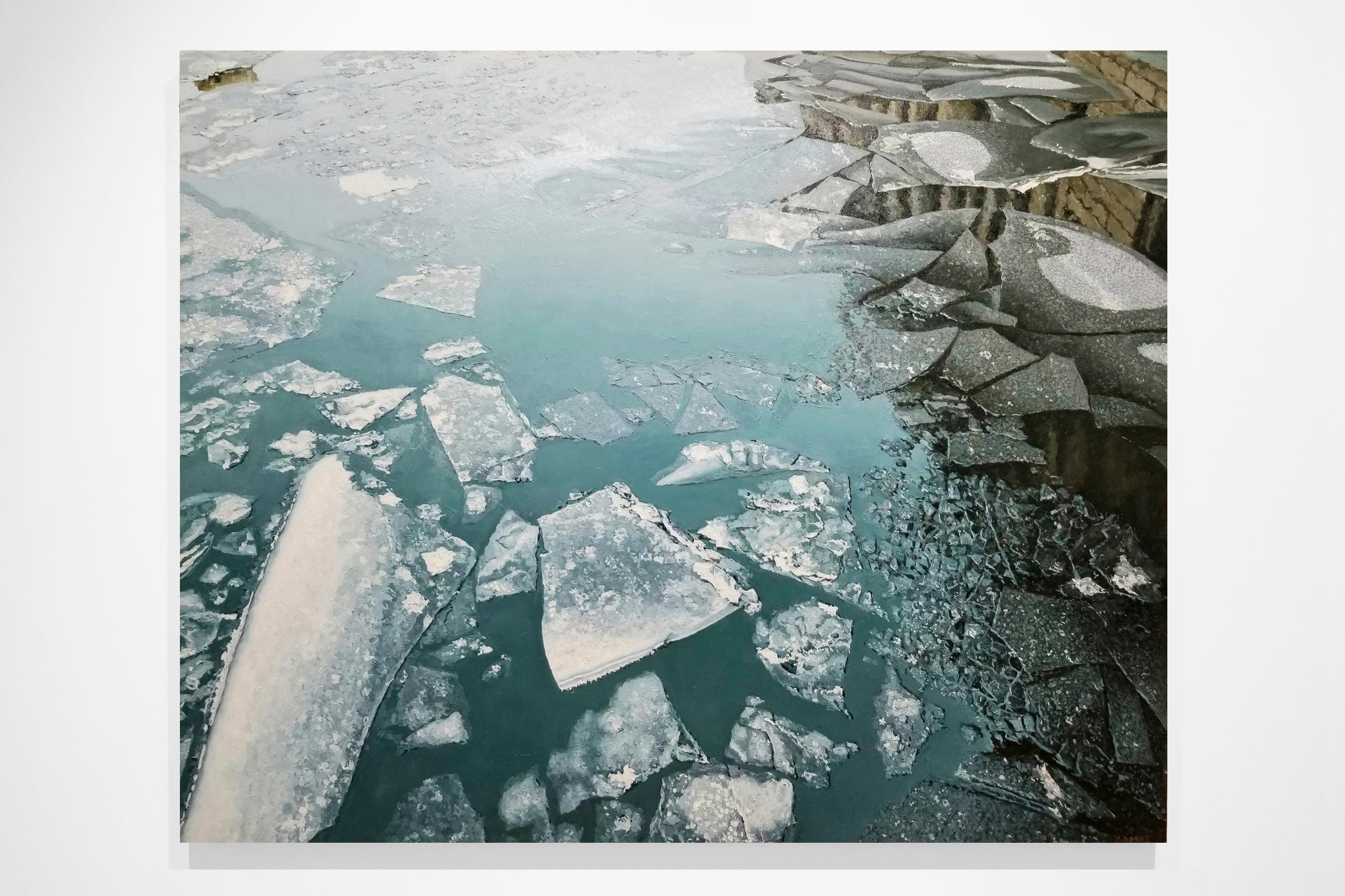 ICE FLOW - Photorealism / Water and Ice / Winter City Scene - Painting by Richard Combes