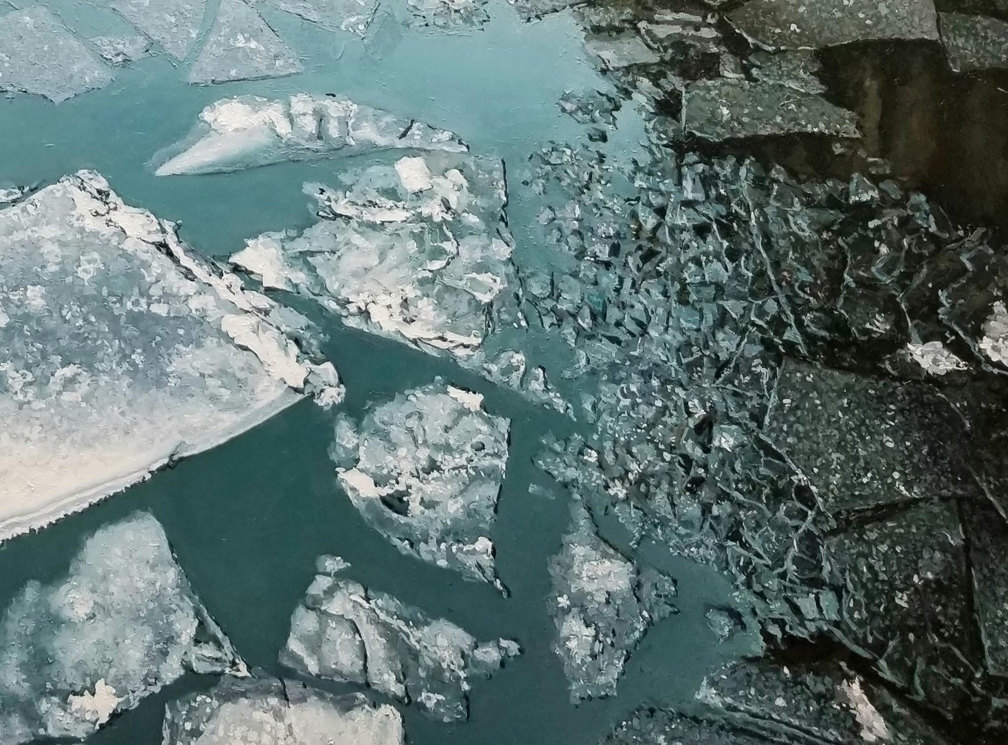 ICE FLOW - Photorealism / Wasser und Eis / Winterliche Stadtansichten (Grau), Landscape Painting, von Richard Combes