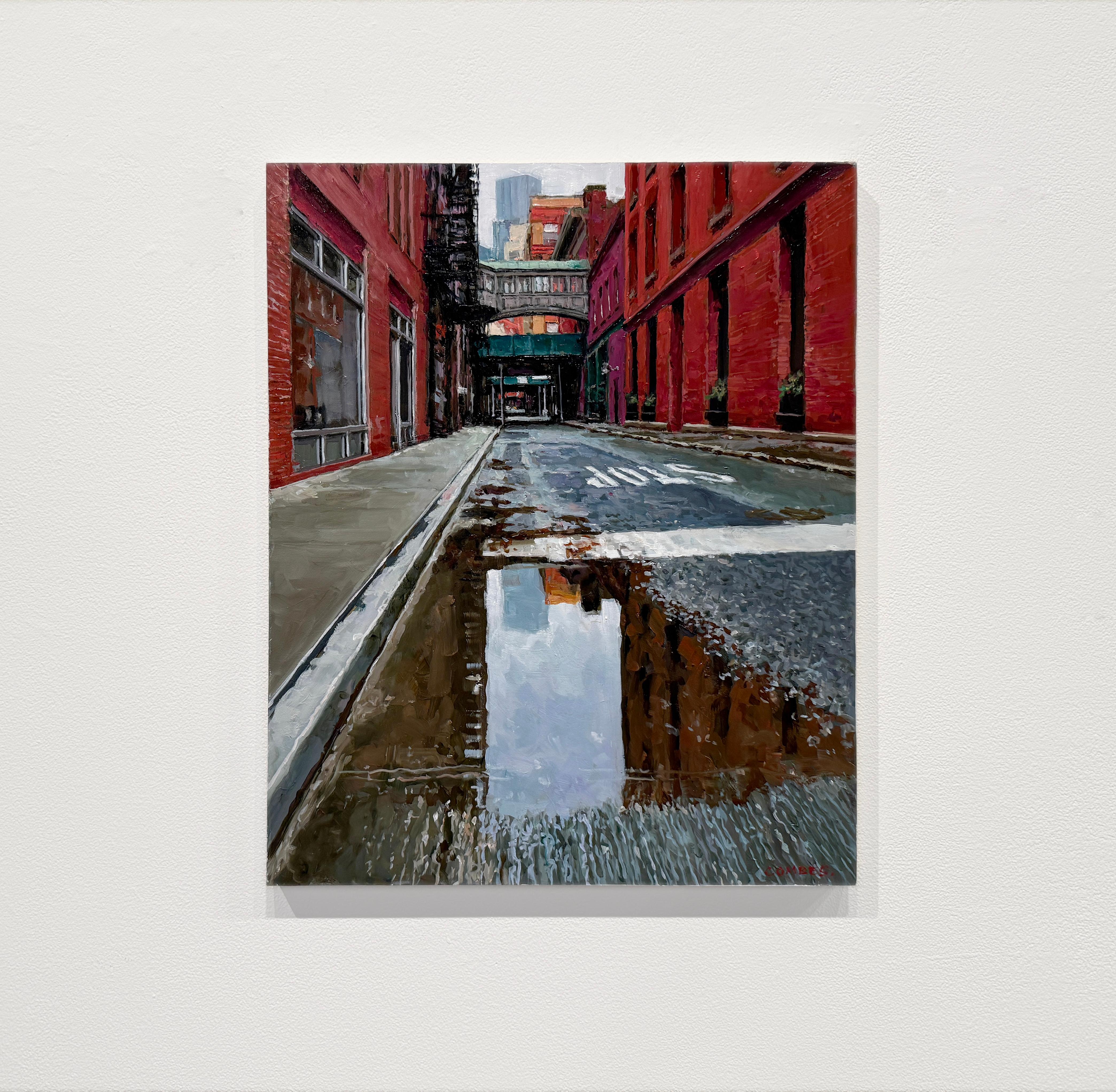 LOWER MANHATTAN APRÈS LA PLUIE - Paysage urbain, Réalisme, New York City - Painting de Richard Combes