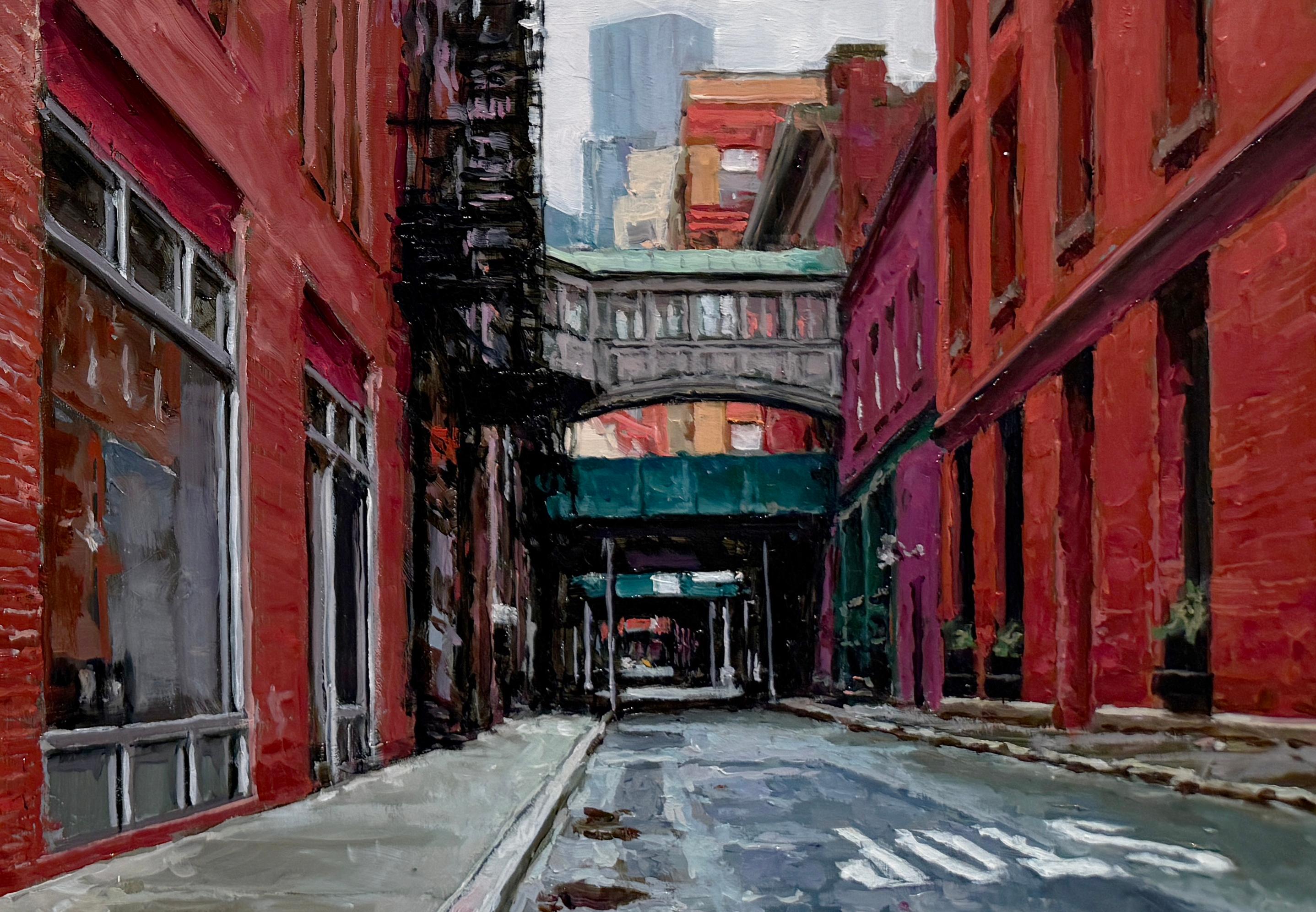 LOWER MANHATTAN APRÈS LA PLUIE - Paysage urbain, Réalisme, New York City - Gris Landscape Painting par Richard Combes