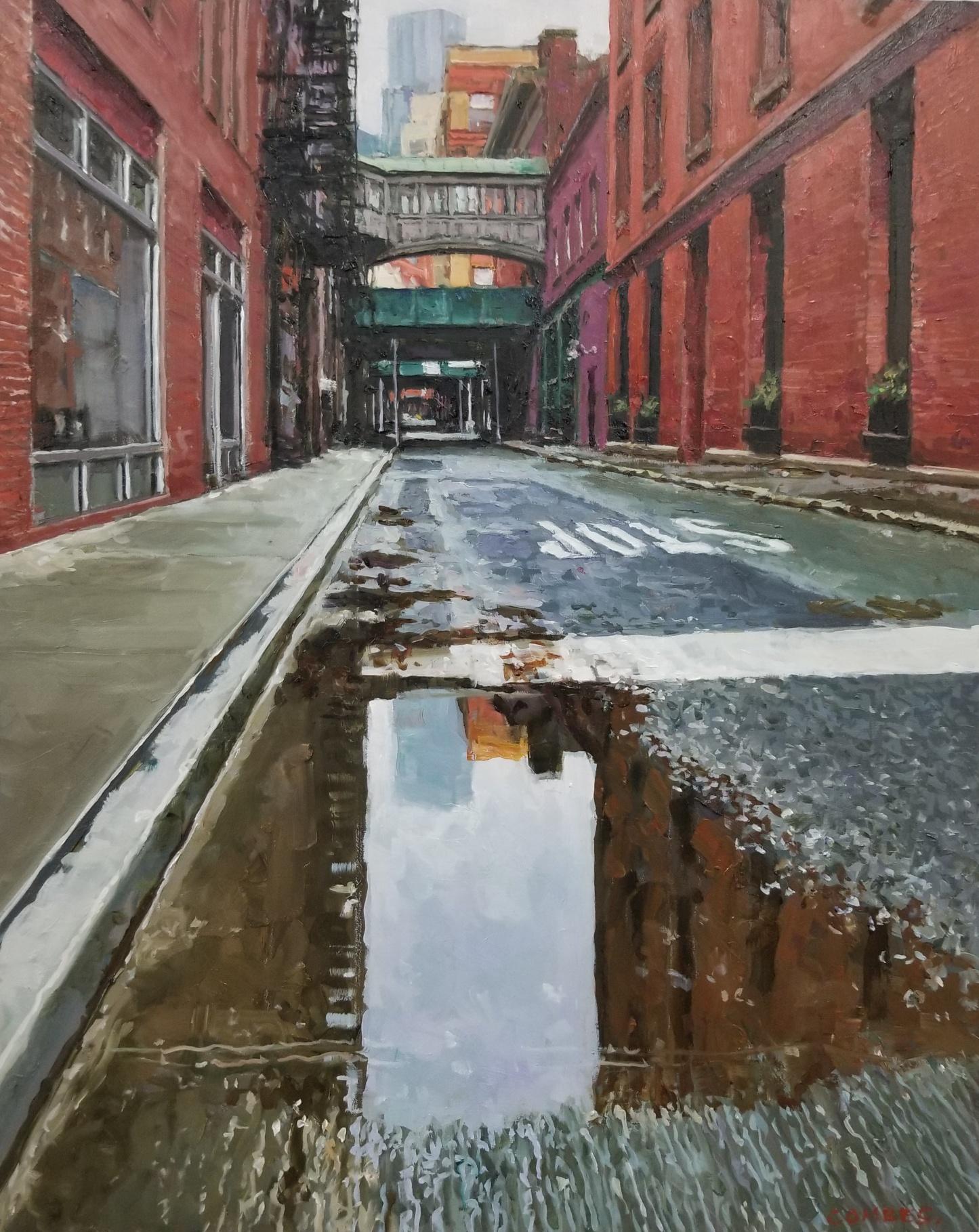 Landscape Painting Richard Combes - LOWER MANHATTAN APRÈS LA PLUIE - Paysage urbain, Réalisme, New York City