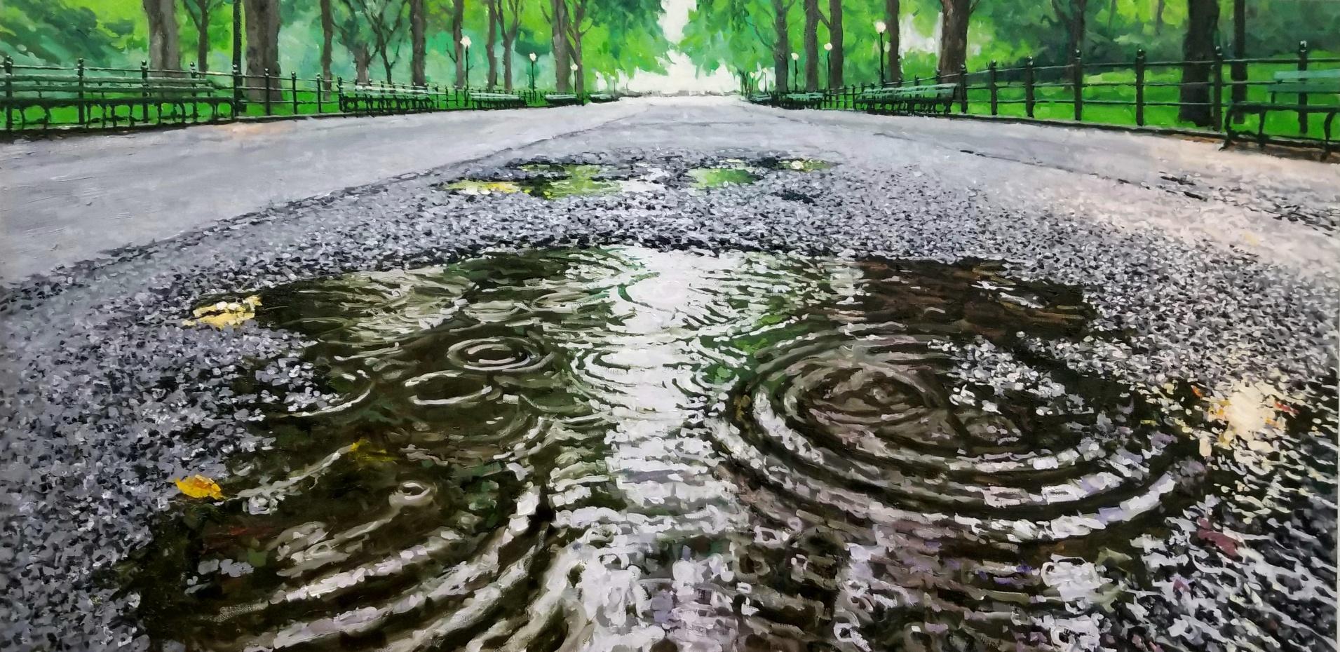 Richard Combes Landscape Painting - MORNING RAINFALL CENTRAL PARK - Landscape / Contemporary Realism / Water