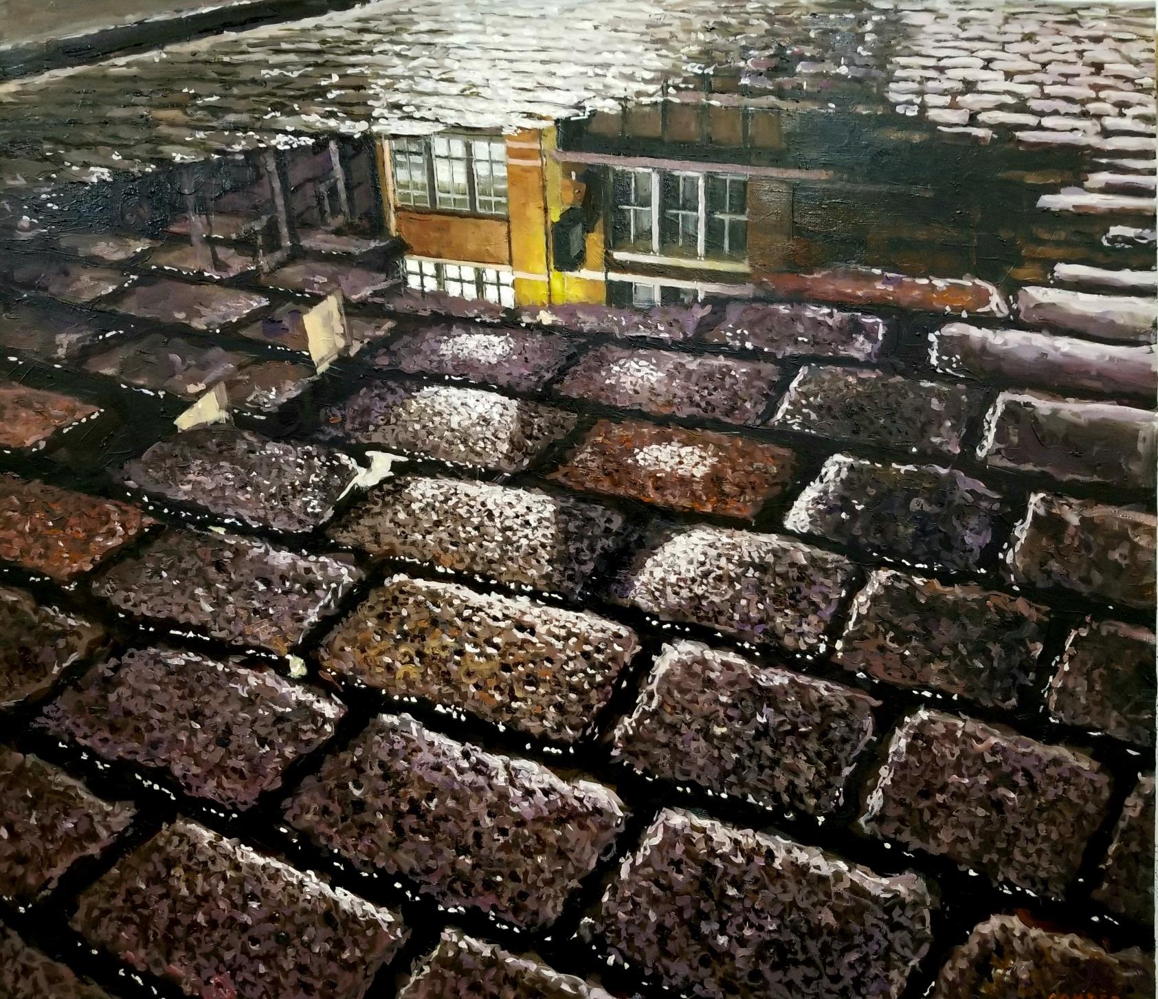 Richard Combes Landscape Painting - NIGHT REFLECTION - Realism / New York Cityscape / Dark Scene