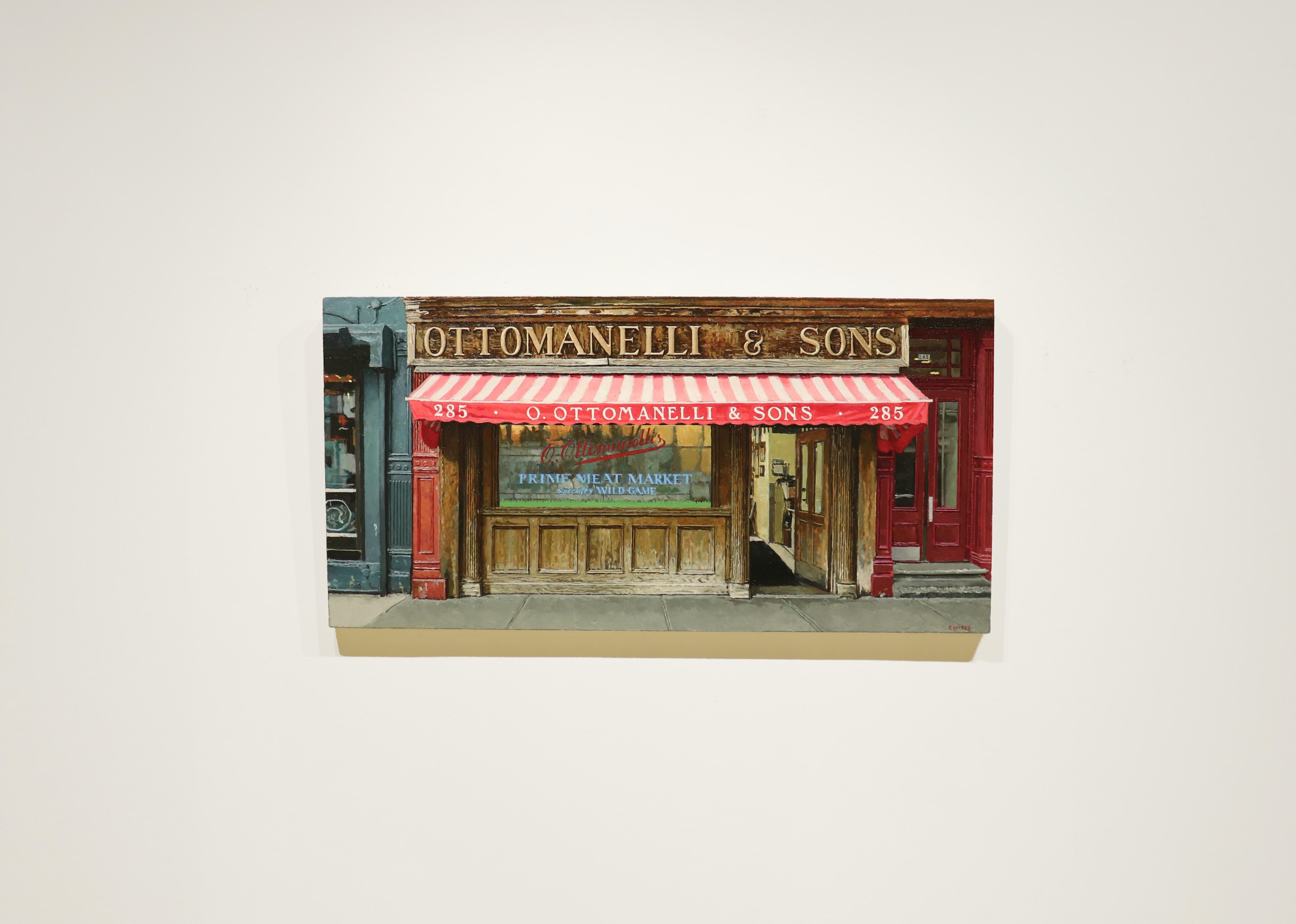 OTTOMANELLI'S BLEEKER ST, store front, hyper-realist, new york city, red, brown - Painting by Richard Combes