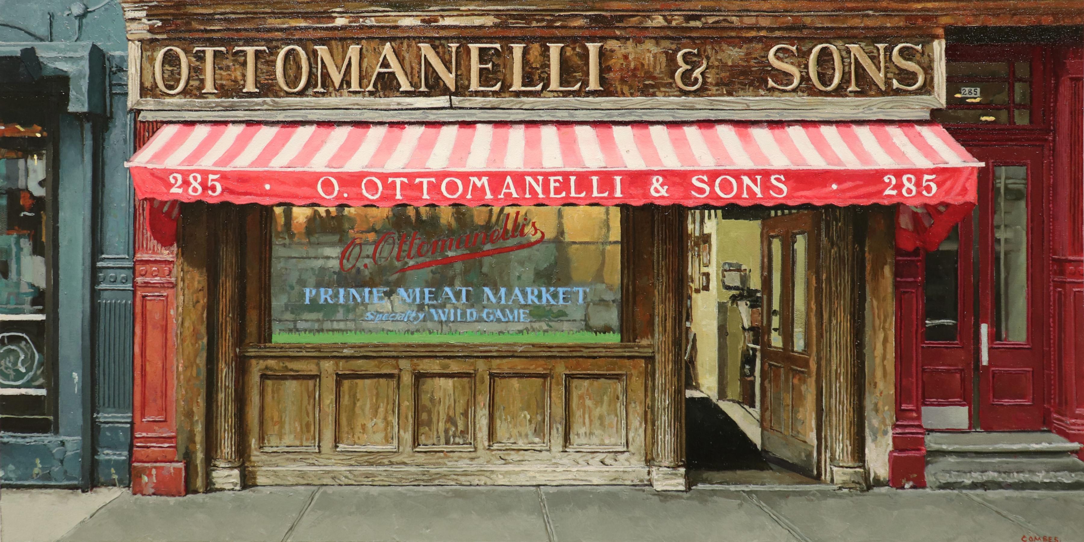 Richard Combes Landscape Painting - OTTOMANELLI'S BLEEKER ST, store front, hyper-realist, new york city, red, brown