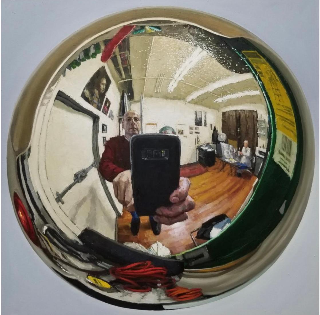 Richard Combes Figurative Painting – SELF PORTRAIT IN CHRISTMAS DECORATION II - Figurative, Realism