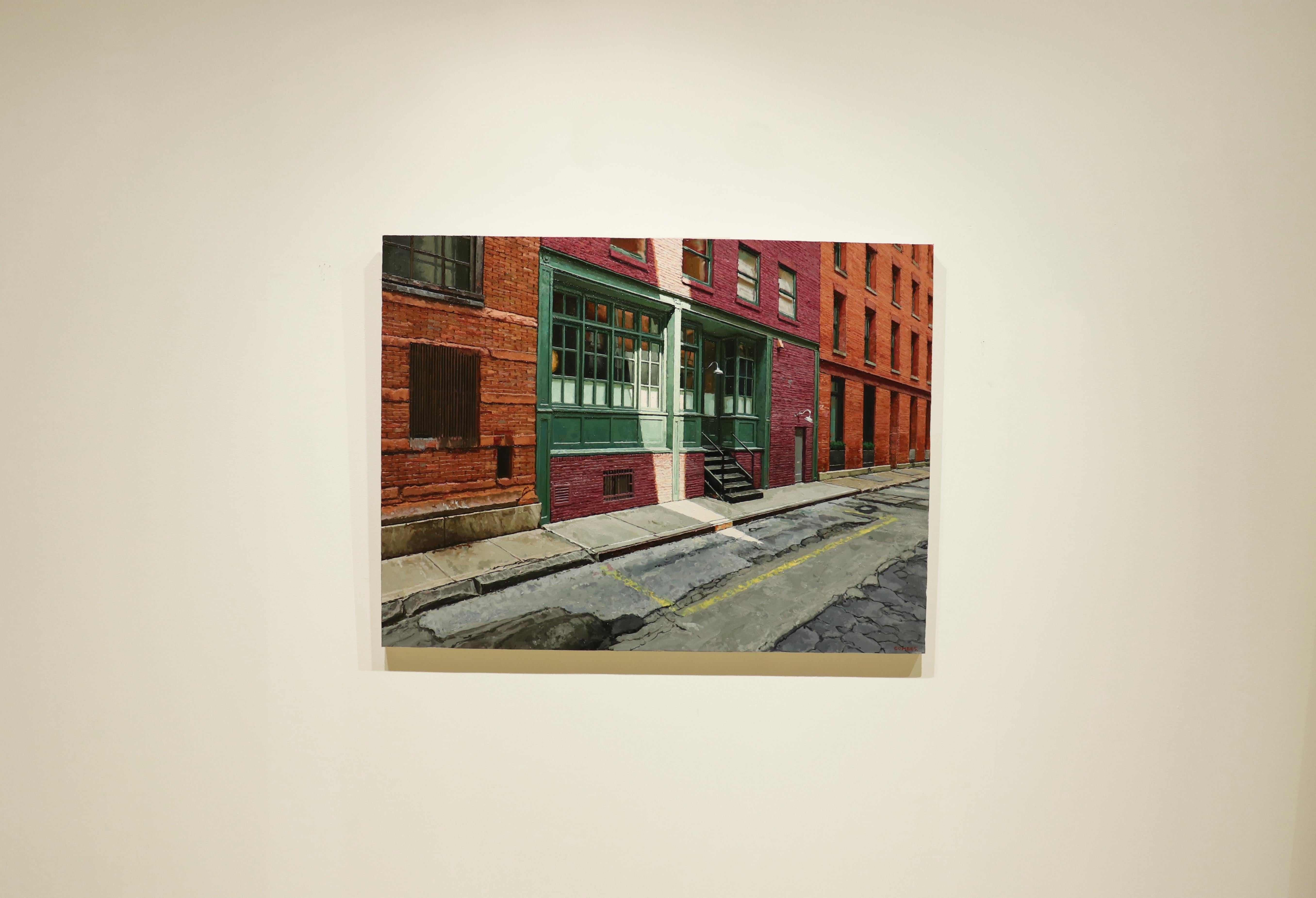 SHAFT OF LIGHT, new york city, hyper-realist, old buildings - Painting by Richard Combes