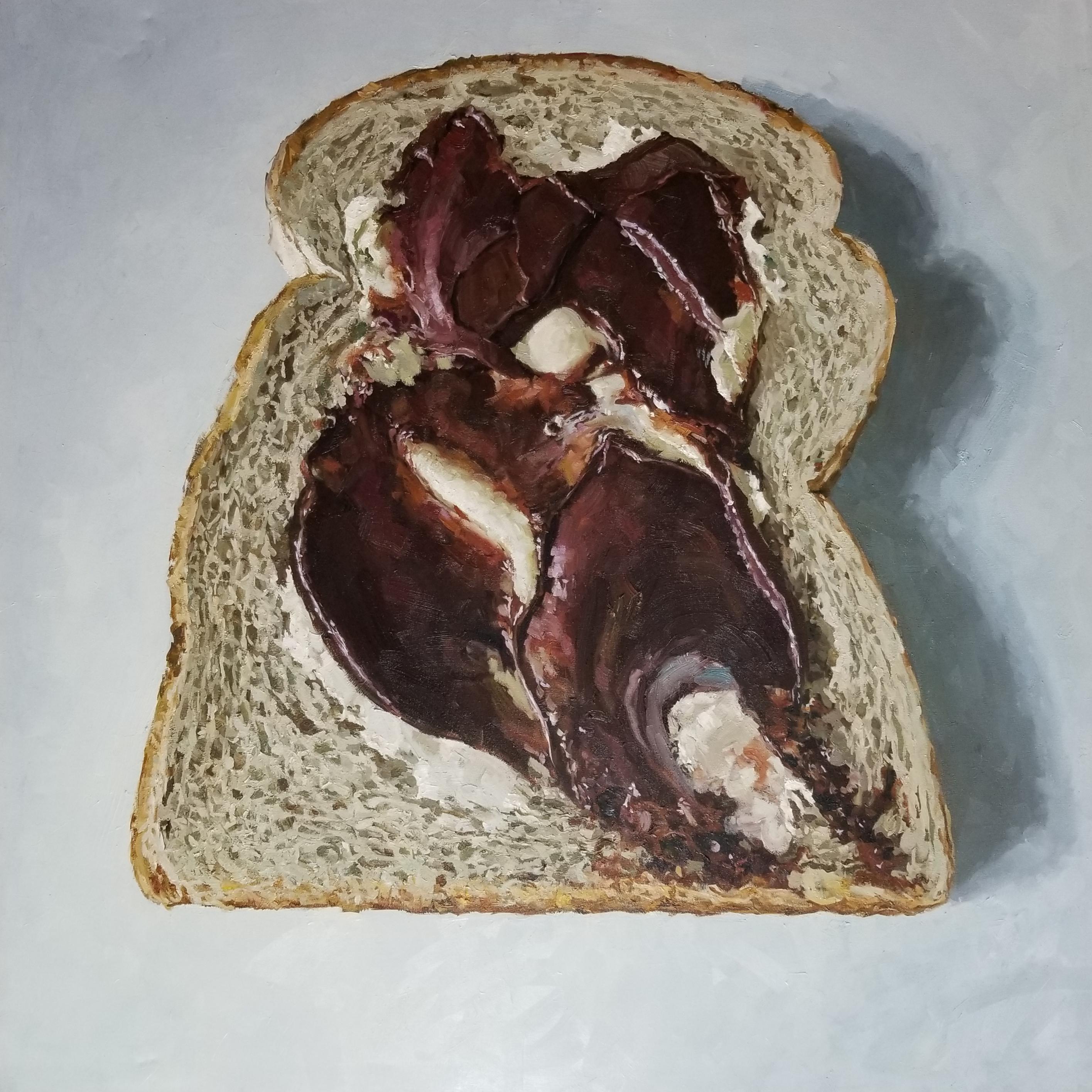 Richard Combes Still-Life Painting - SLICE OF BREAD WITH NUTELLA - Still Life / Food / Photorealism / Kitchen