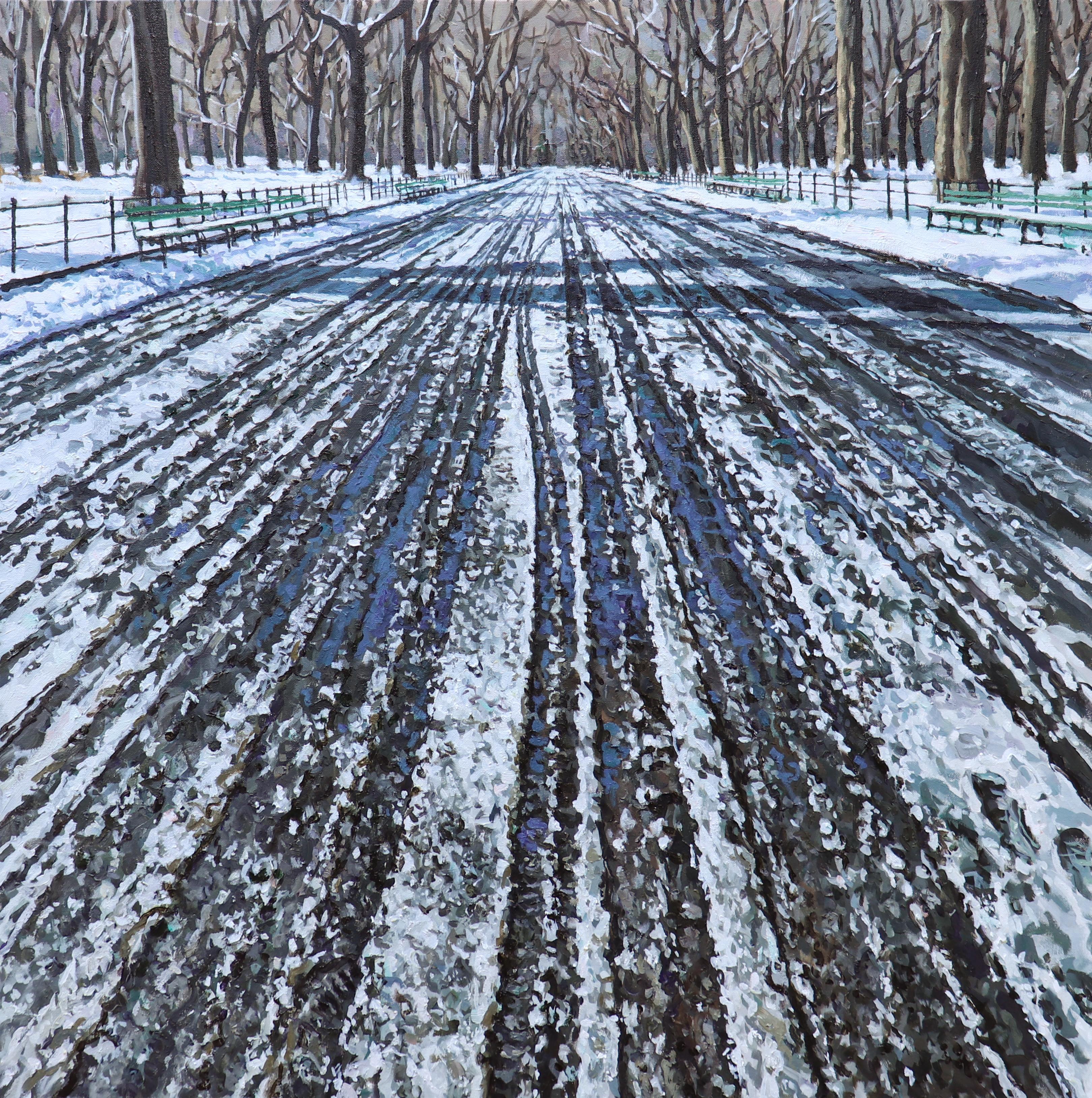 Snow Tracks in Central Park, Contemporary Landscape, Oil Painting, City Park