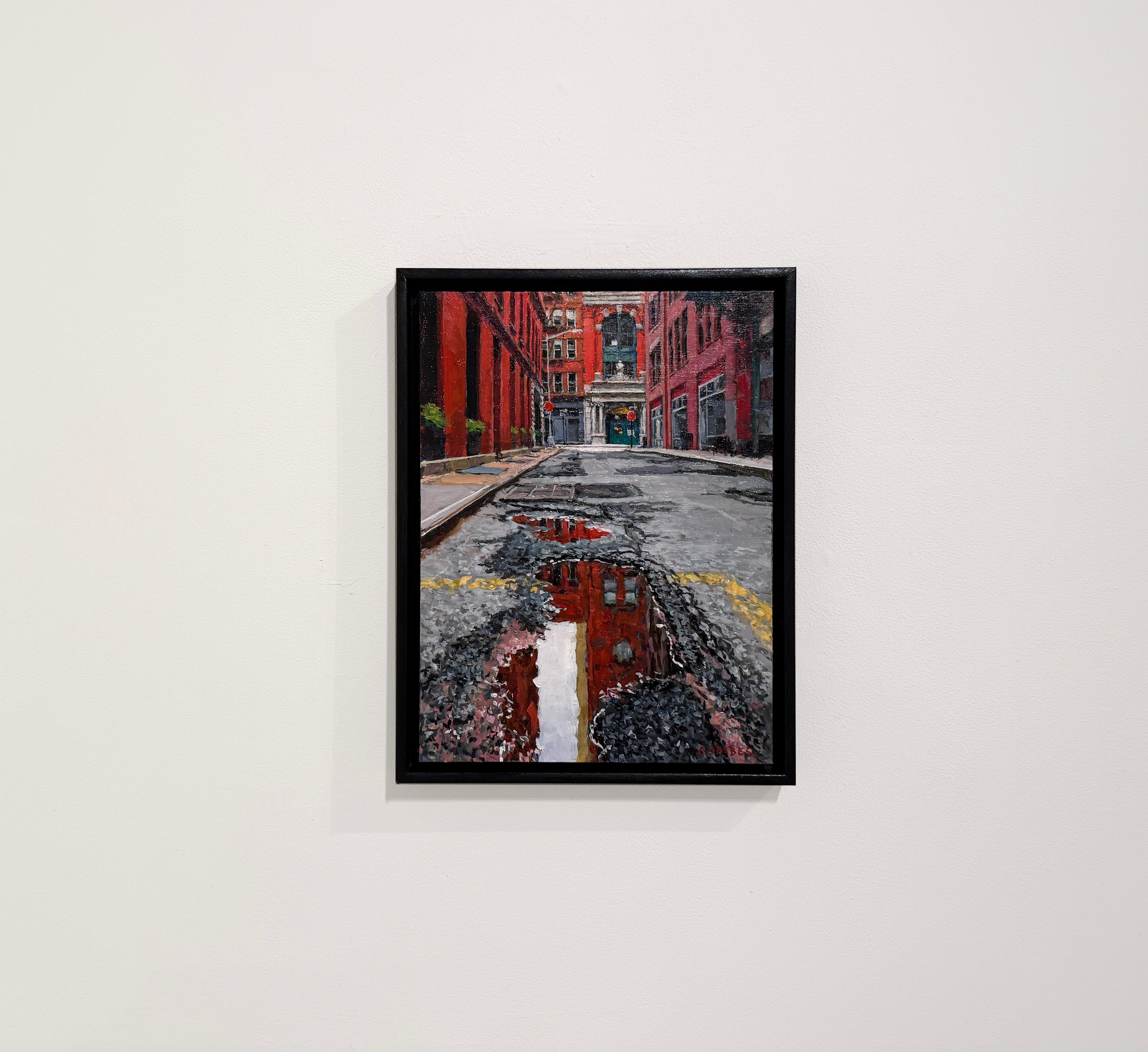 STAPLE STREET LOOKING NORTH - Stadtbild, Realismus, New York City – Painting von Richard Combes
