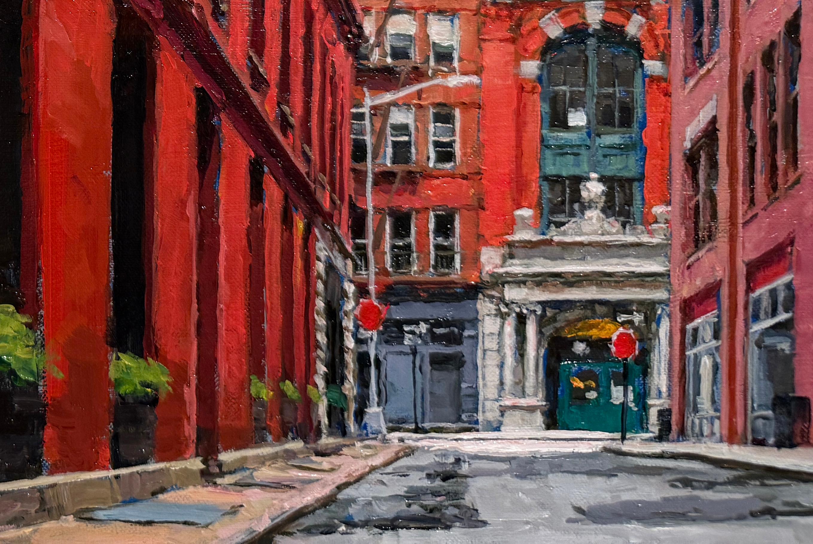 STAPLE STREET LOOKING NORTH - Stadtbild, Realismus, New York City (Grau), Landscape Painting, von Richard Combes