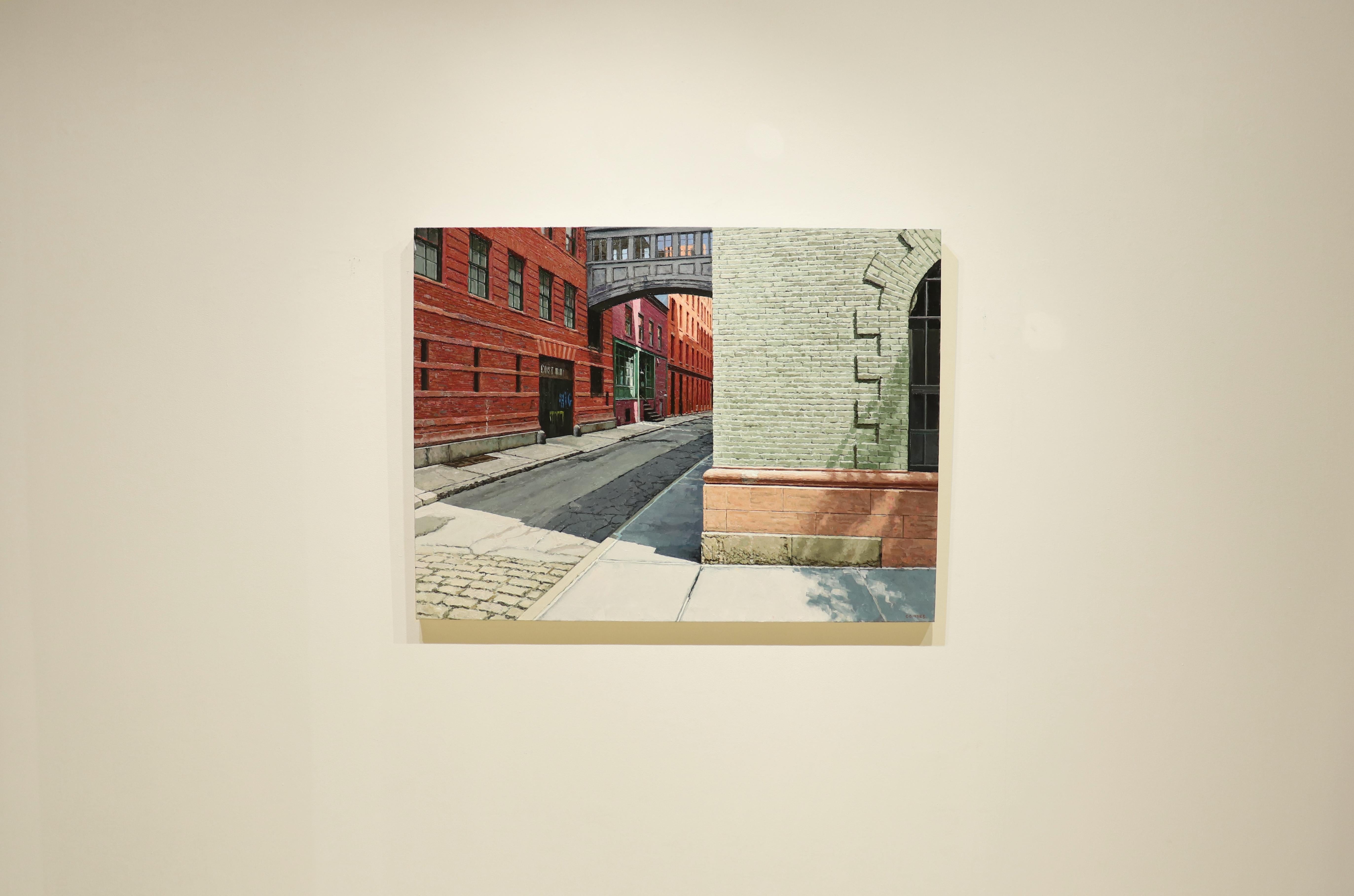 SUNDAY MORNING - Hyperrealist Street Corner / Cobblestones / Red brick / Shadows - Painting by Richard Combes