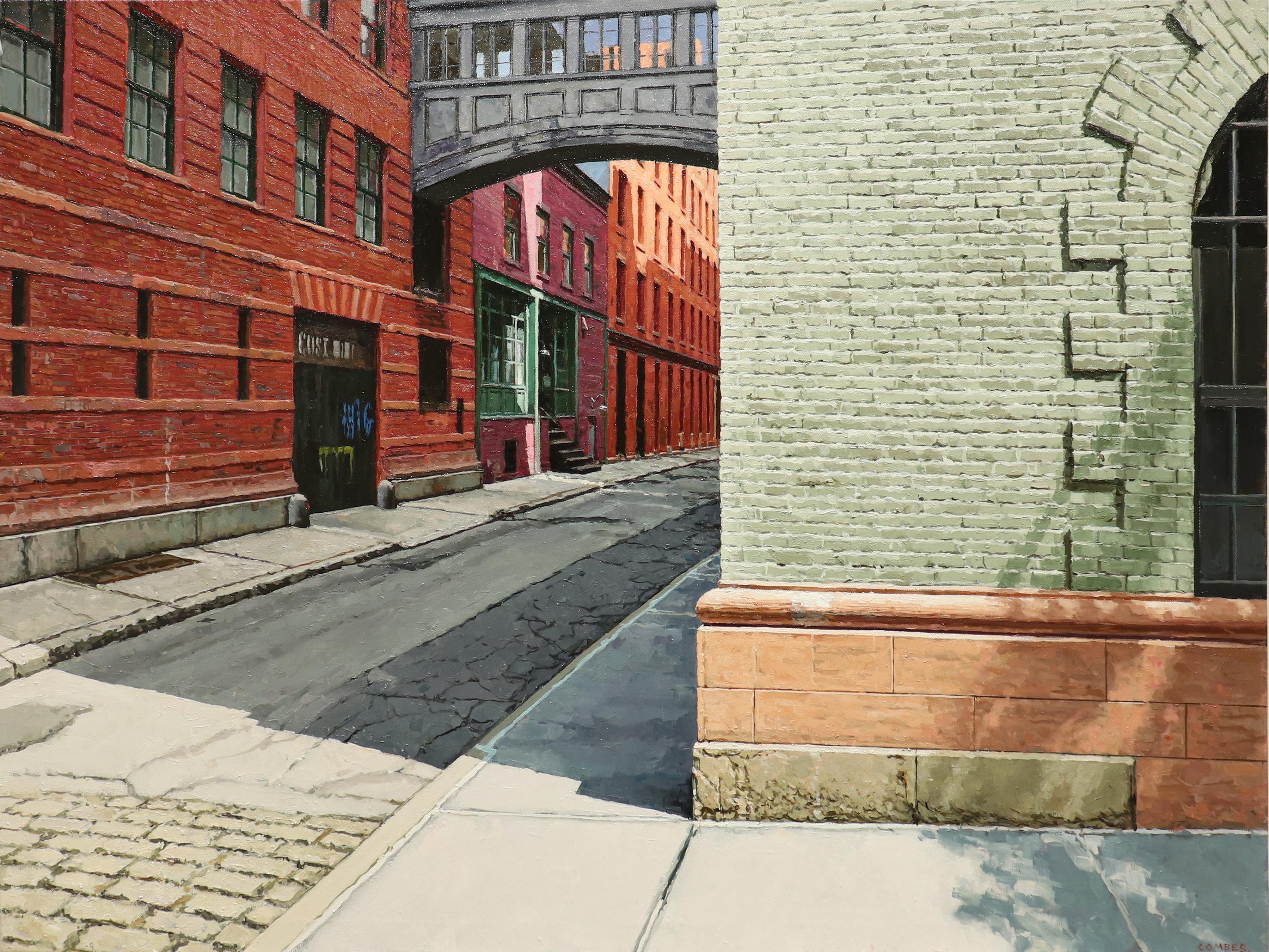 Richard Combes Landscape Painting - SUNDAY MORNING - Hyperrealist Street Corner / Cobblestones / Red brick / Shadows