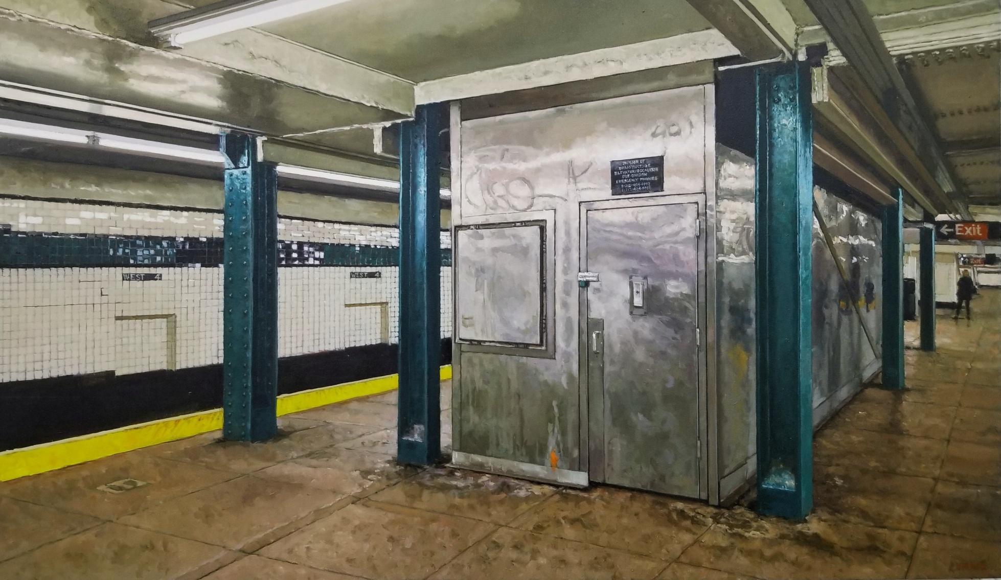 Richard Combes Interior Painting - SUNDAY MORNING WEST 4TH STREET - Interior, New York City, Subway