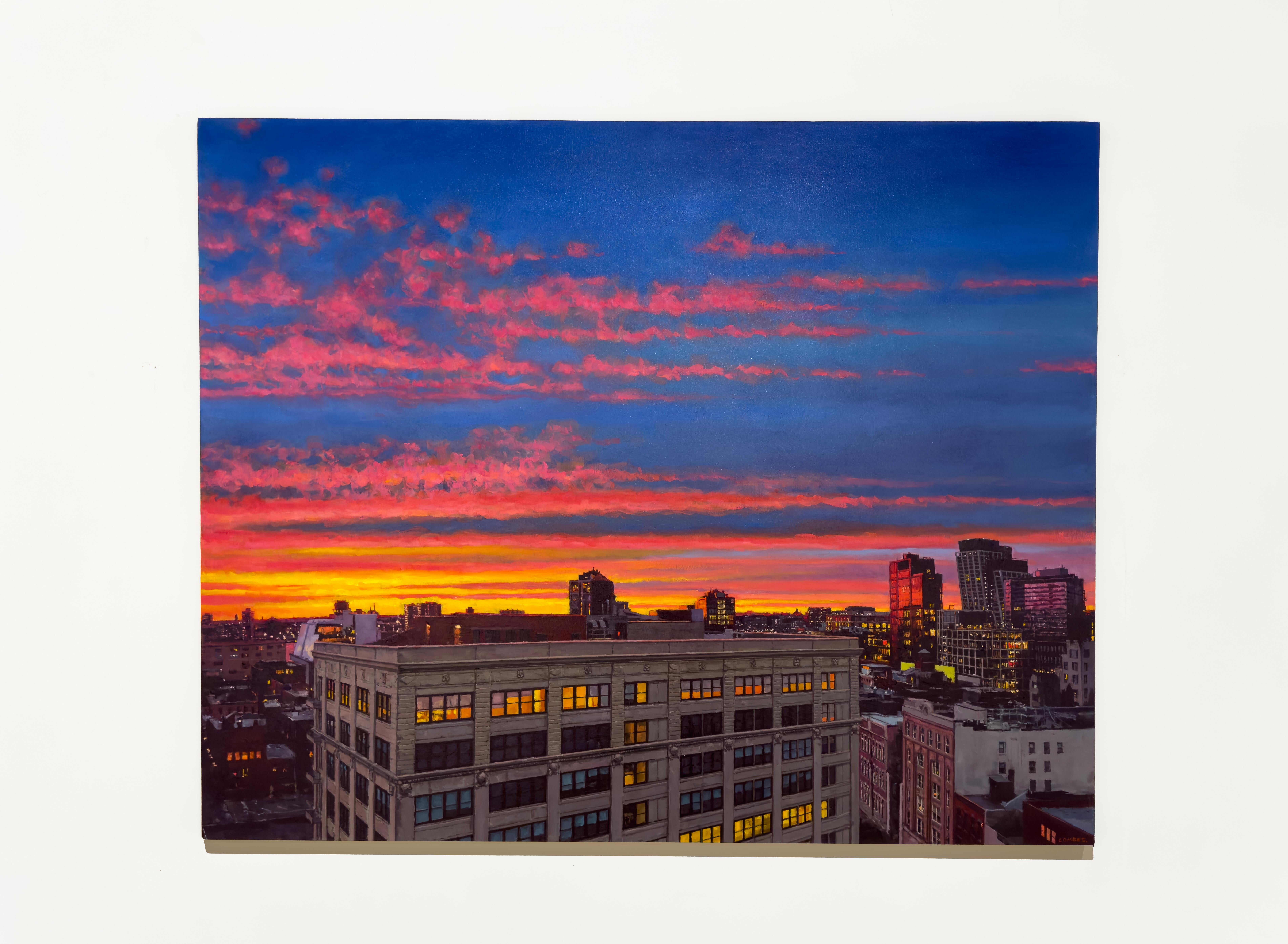 SUNSET LOWER MANHATTAN - Paesaggio urbano / Crepuscolo / Sera / New York City - Painting di Richard Combes