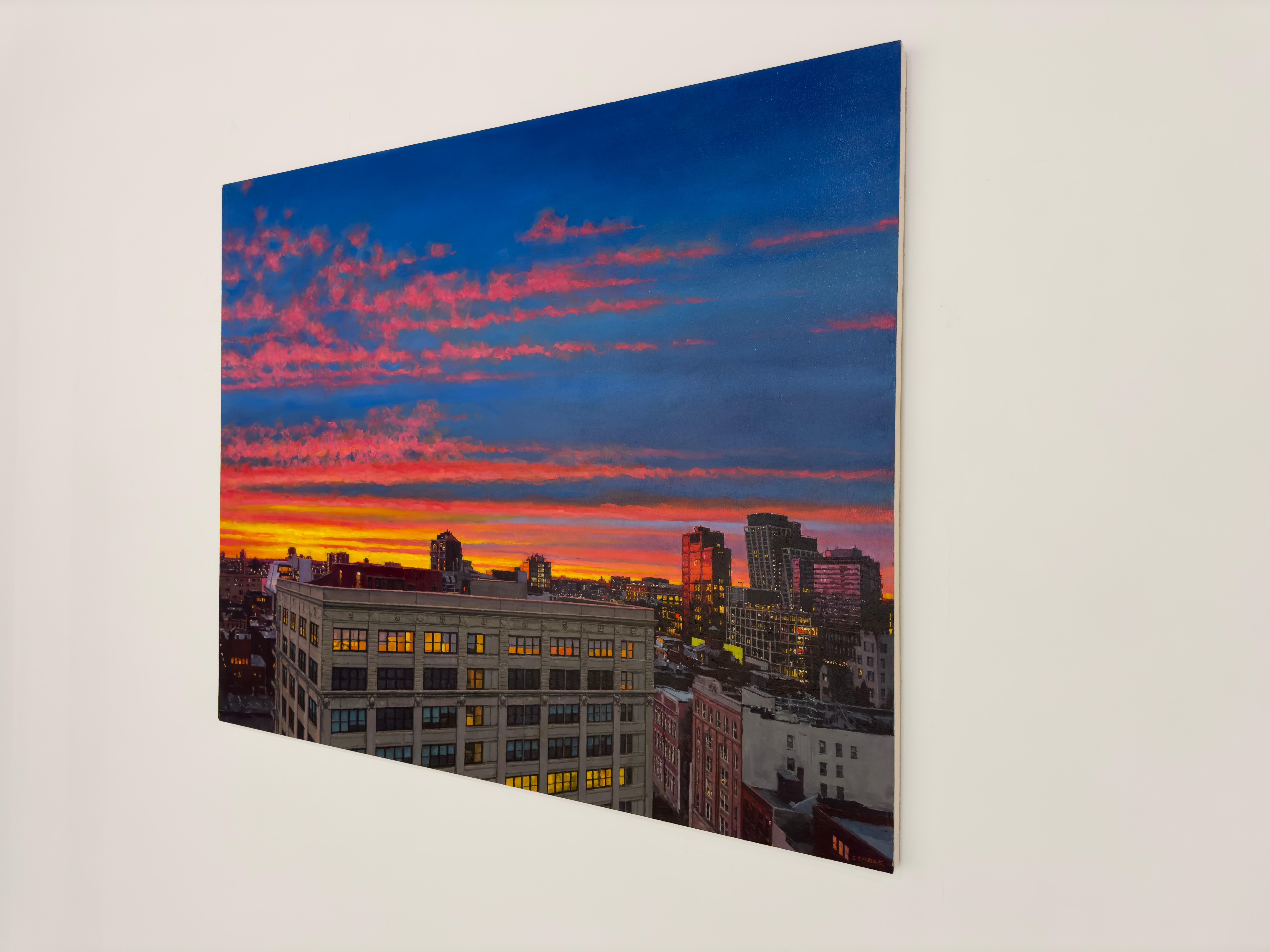 SUNSET LOWER MANHATTAN - Paesaggio urbano / Crepuscolo / Sera / New York City - Painting Contemporaneo di Richard Combes
