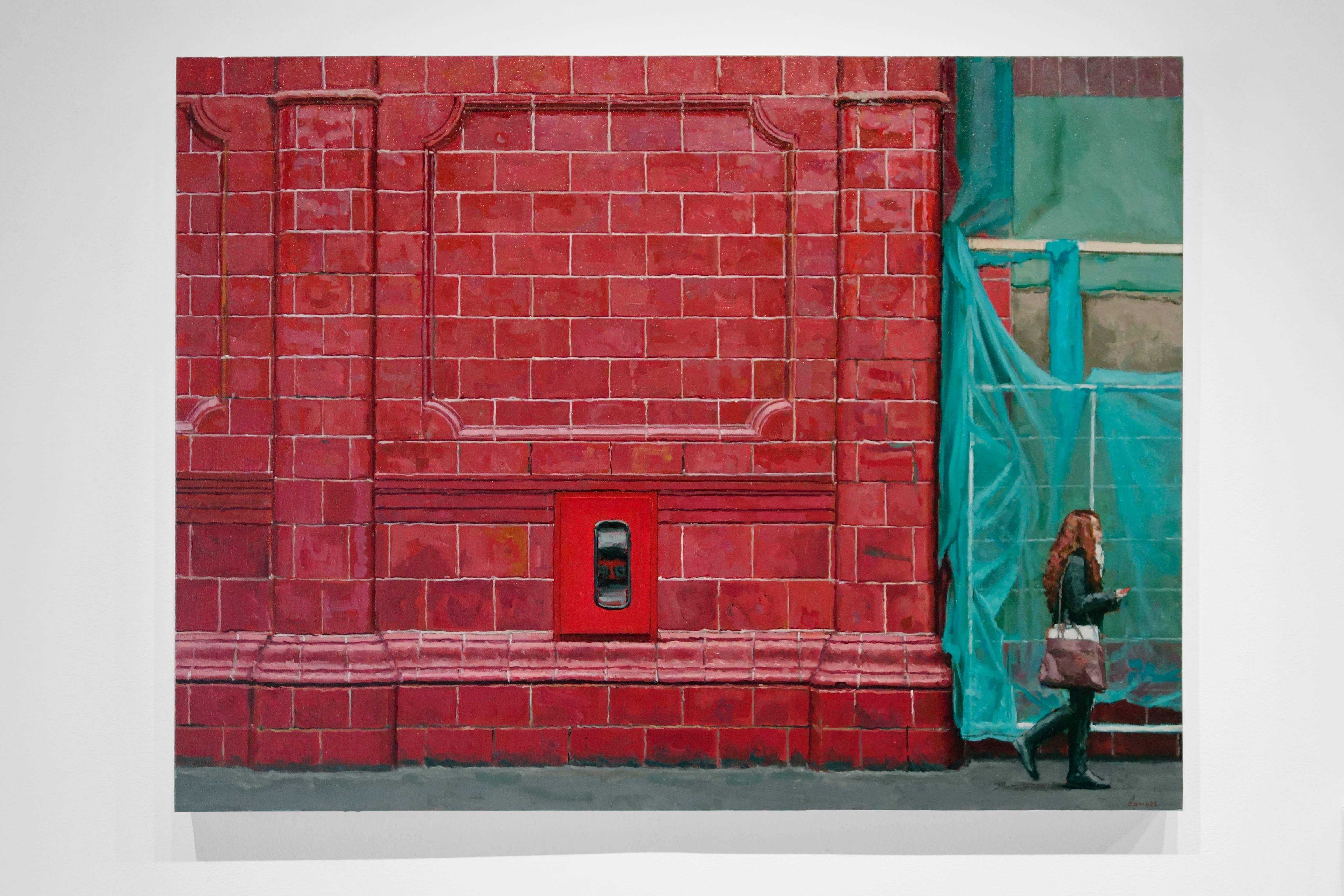 TERRACOTTA WALL, photo-realistic, bright red wall, green, women on the street - Painting by Richard Combes