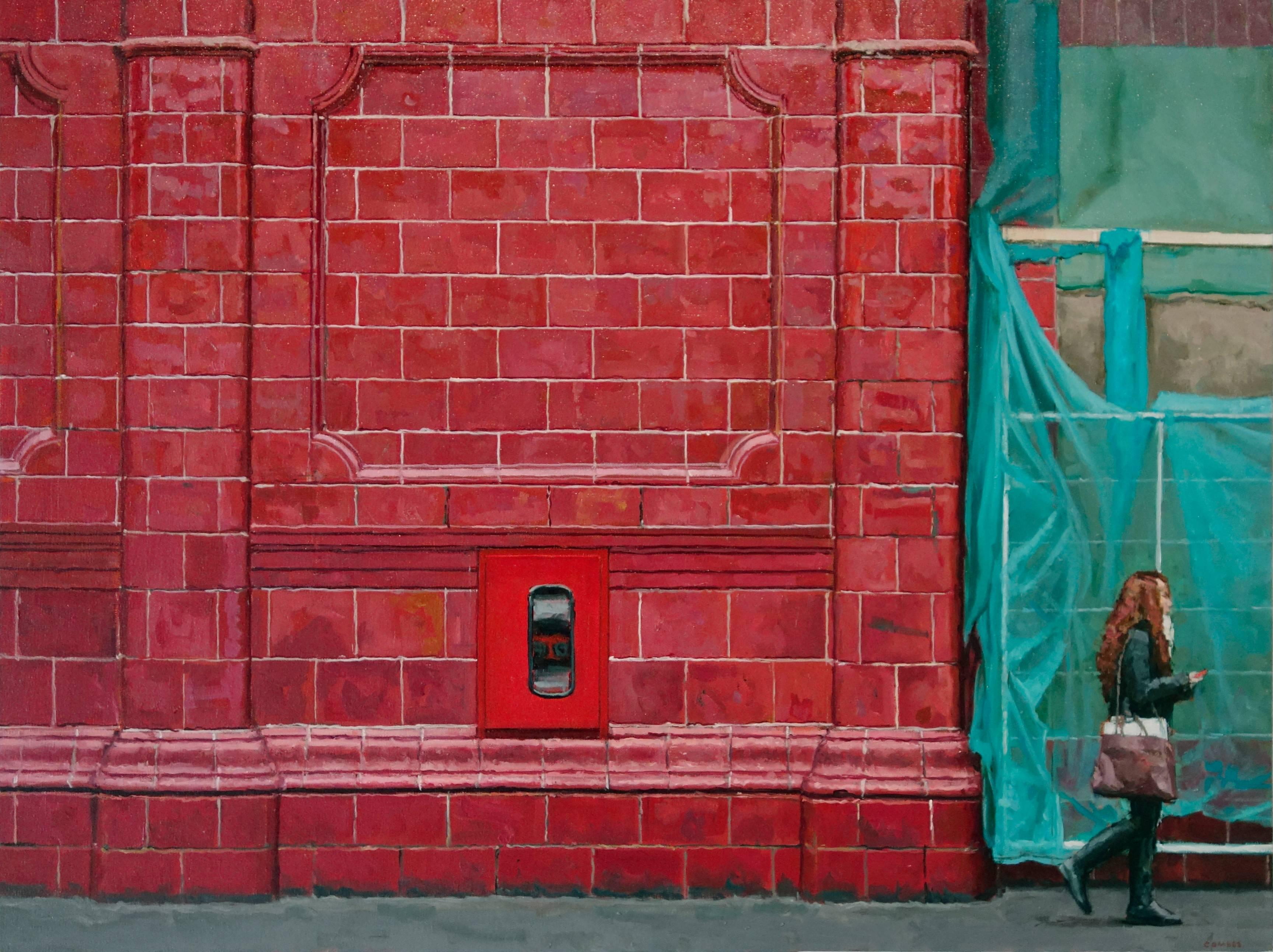 Richard Combes Landscape Painting - TERRACOTTA WALL, photo-realistic, bright red wall, green, women on the street
