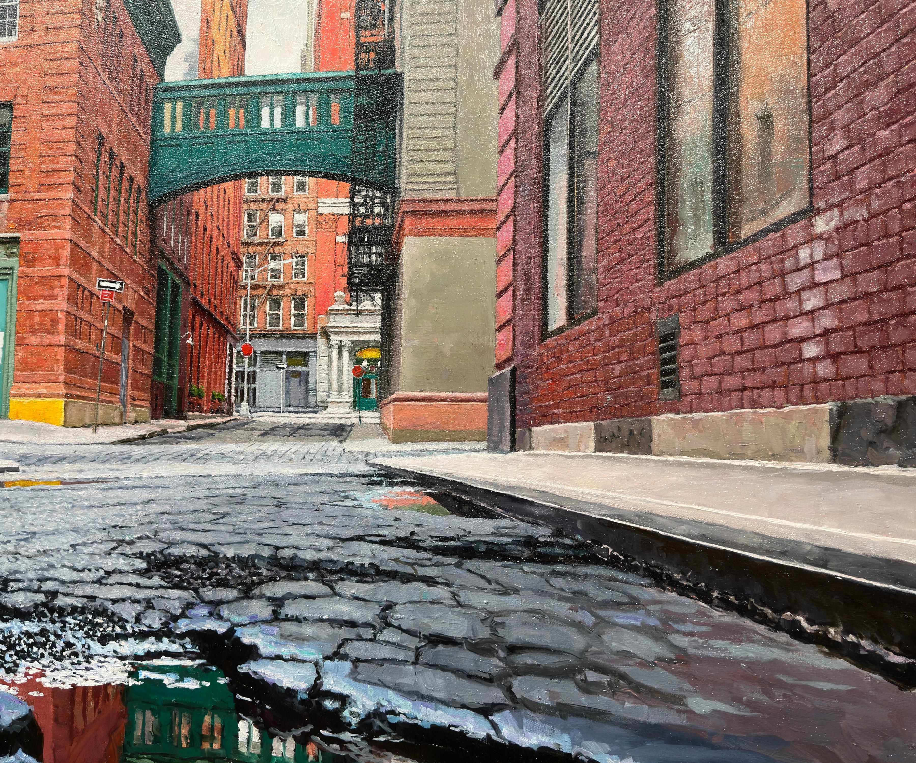 Original painting by Richard Combes
Quiet Manhattan puddles become networks of color and texture in the new oil paintings by Richard Combes. Timeworn streets make fertile subject matter for an artist whose painted surfaces are rich in detail. In