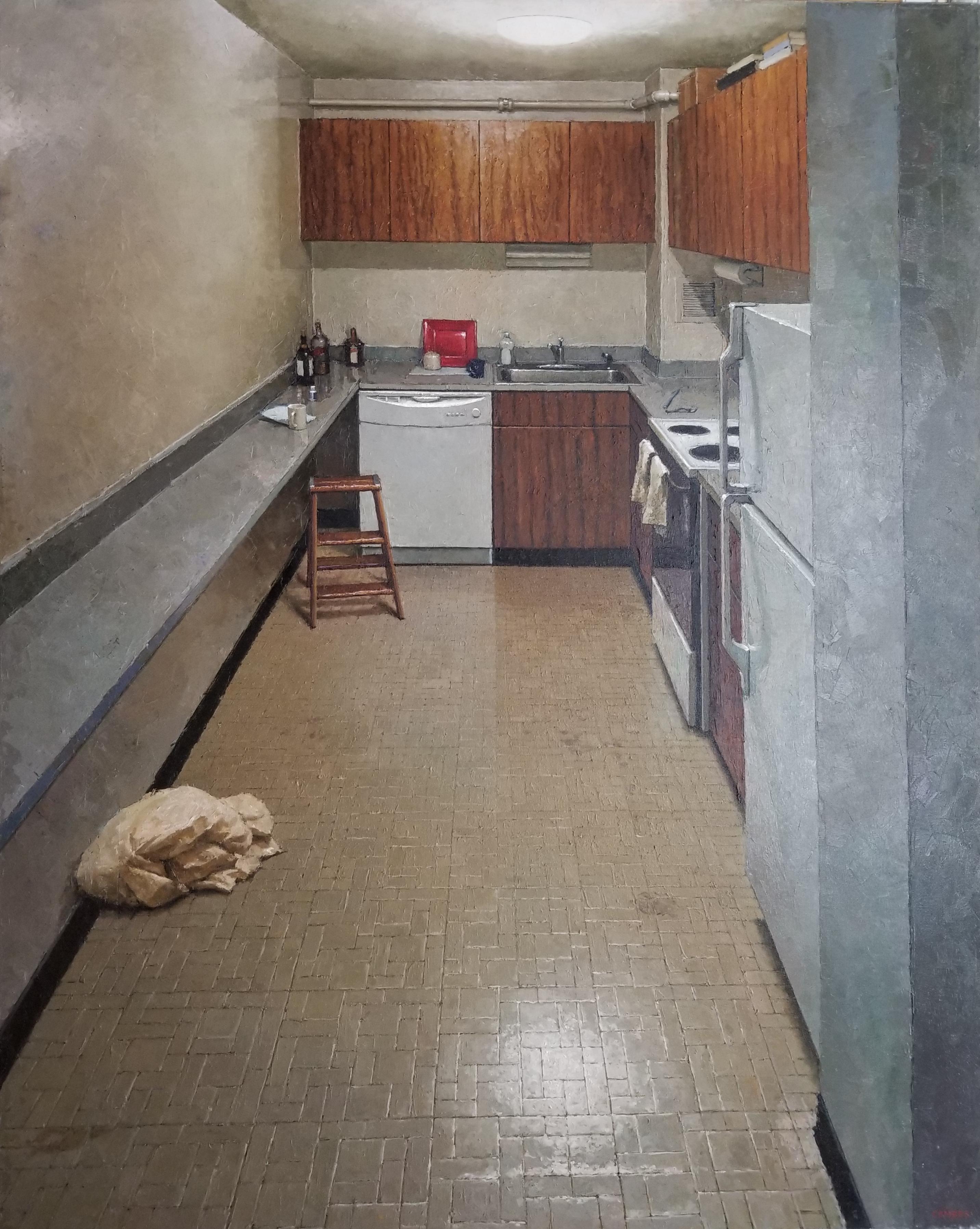 Richard Combes Interior Painting – THE KITCHEN, NYC - Inneneinrichtung / Kacheln / Muster / Realismus / Waschbecken / Rustikale