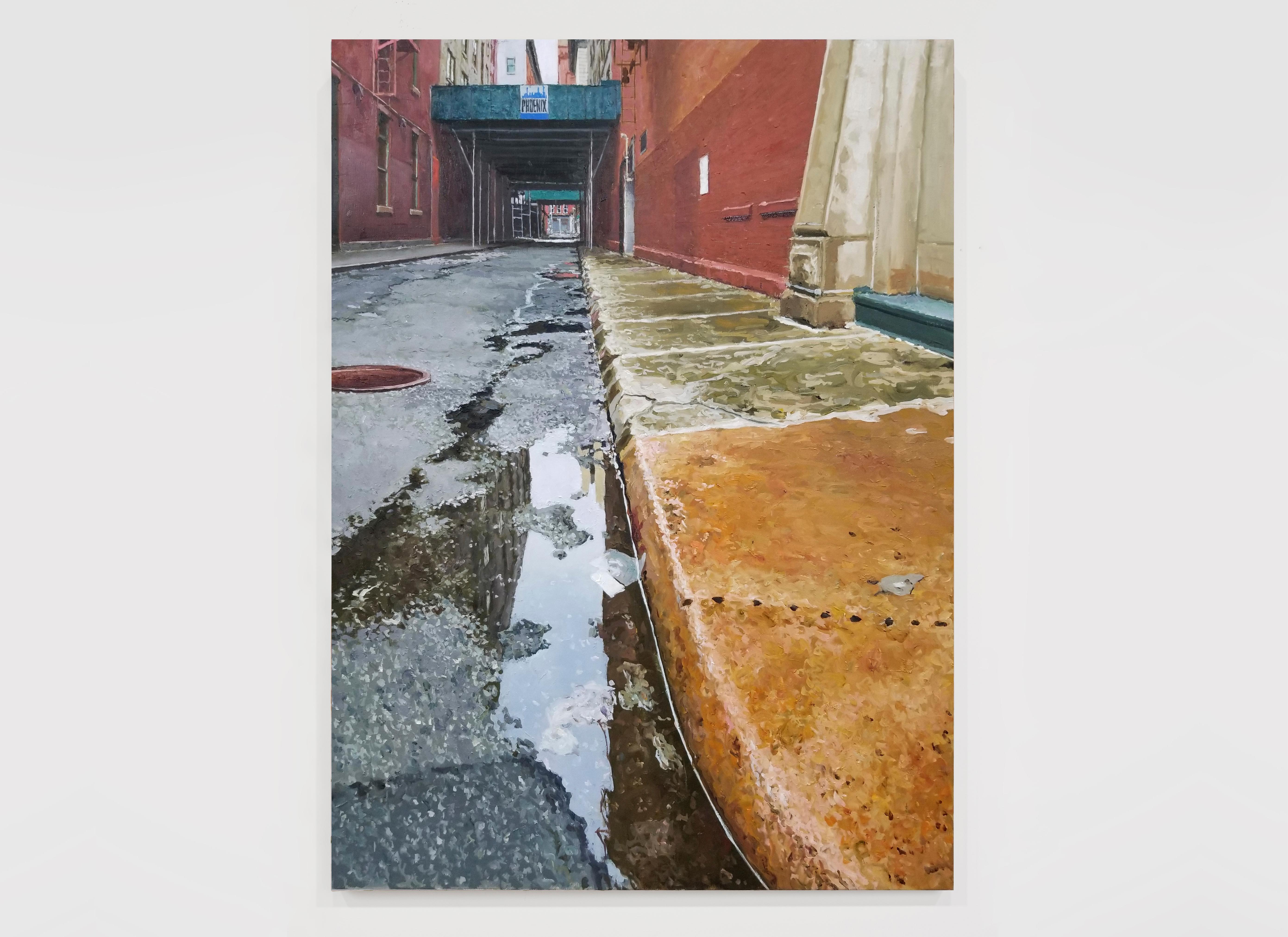 THE MORNING AFTER, street corner, new york city, puddle, cityscape, realism - Painting by Richard Combes