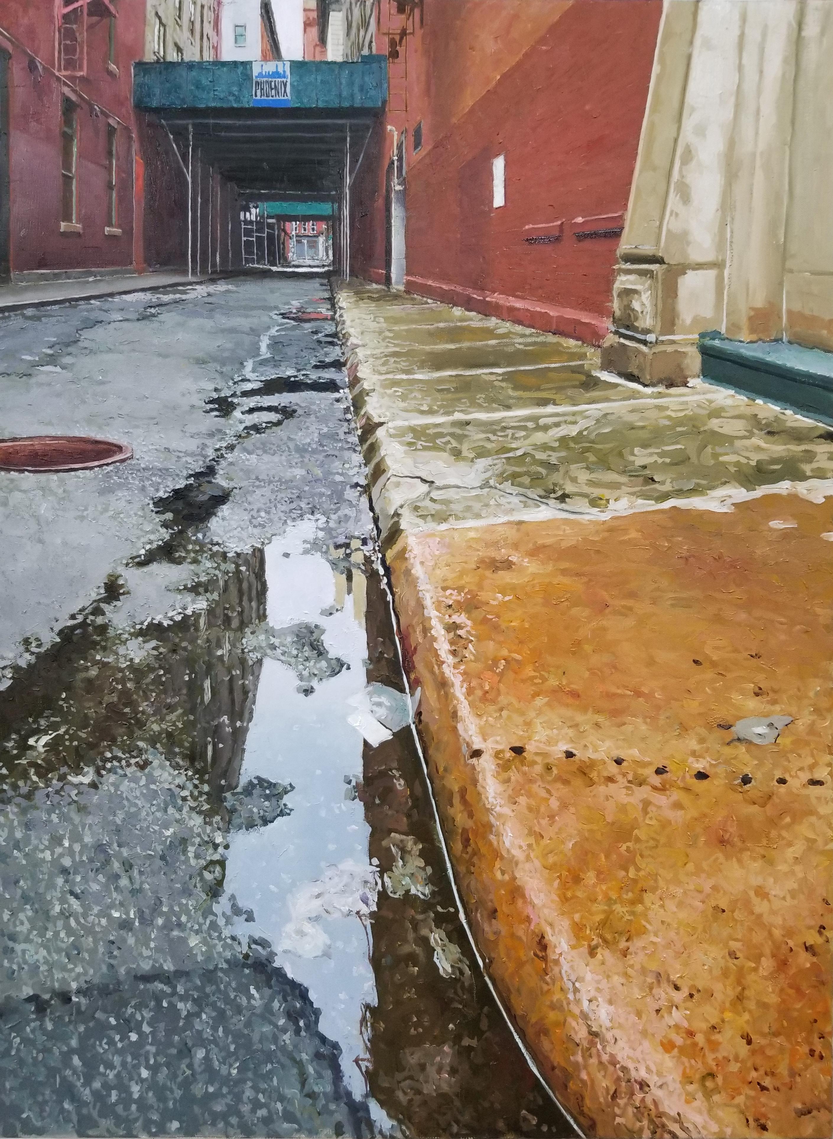 Richard Combes Landscape Painting - THE MORNING AFTER, street corner, new york city, puddle, cityscape, realism