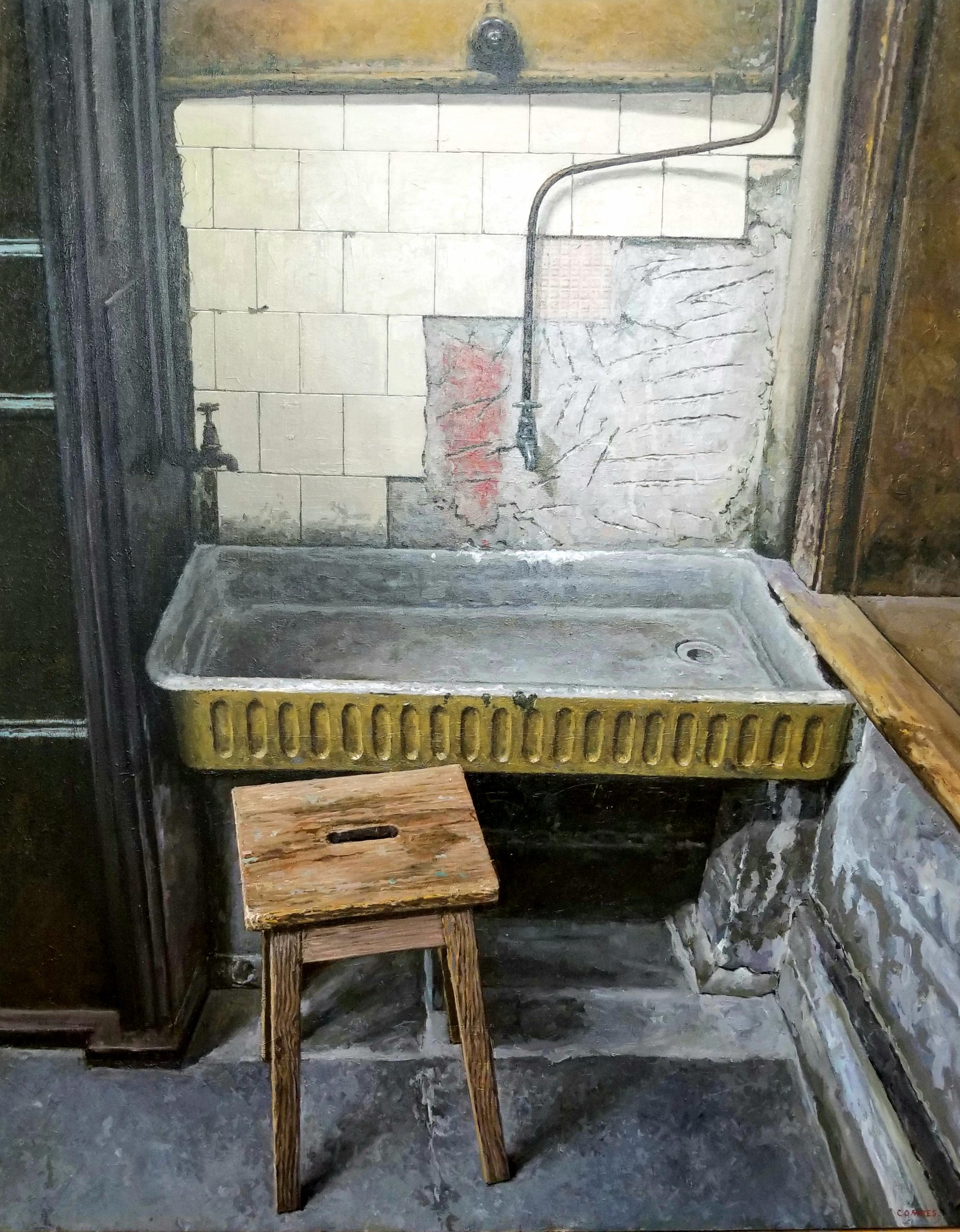 Richard Combes Interior Painting - THE OLD SINK, NYC - Basement Interior / Tiles and Pattern / Realism / Rustic