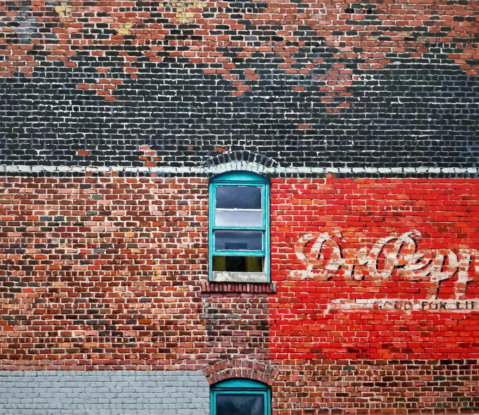 LA VENTANA ABIERTA - Realismo / Paisaje urbano / Ladrillos / NYC / Dr. Pepper - Painting de Richard Combes