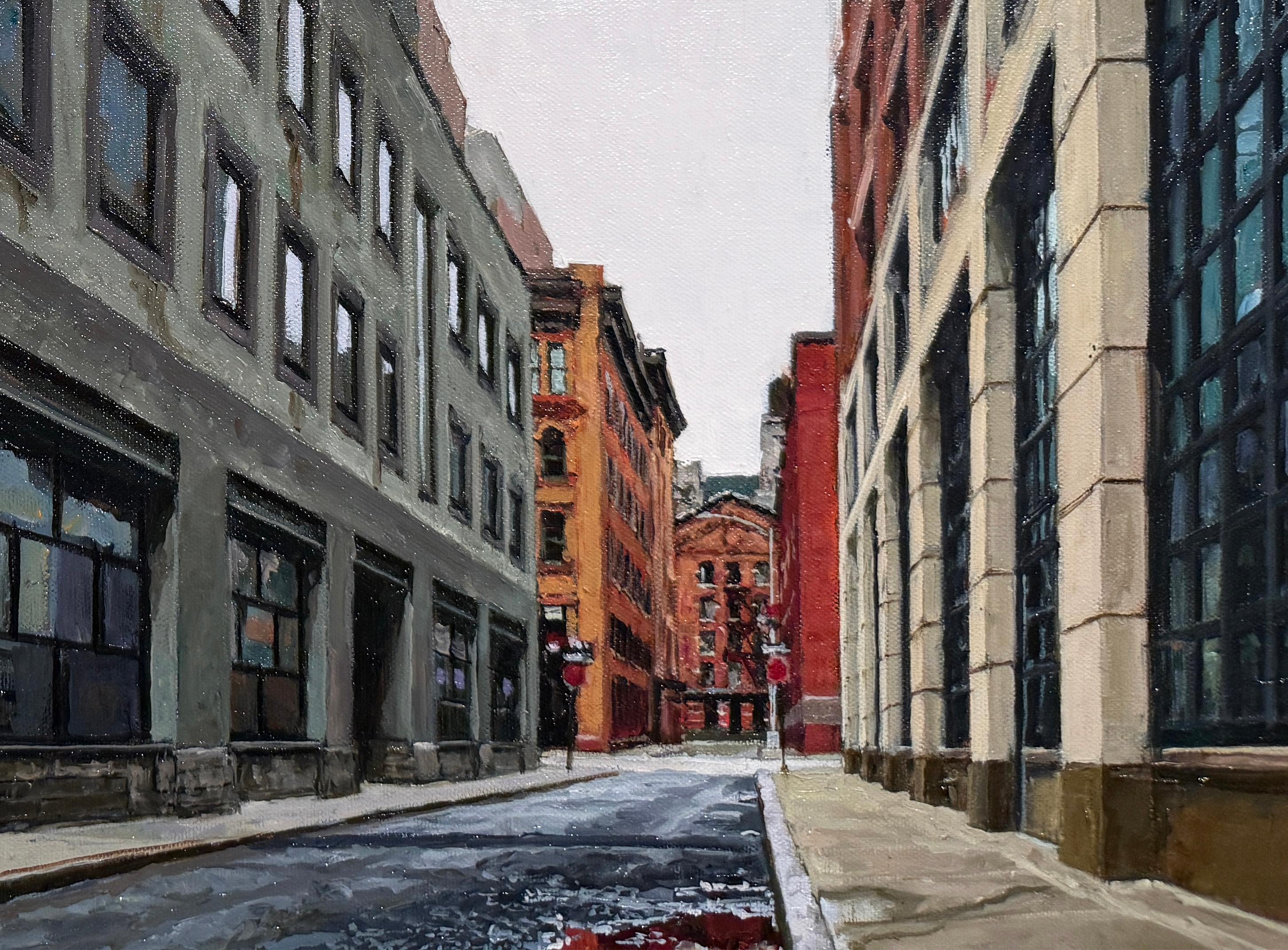 WET STREET MANHATTAN - Paysage urbain, Réalisme, New York City - Gris Landscape Painting par Richard Combes