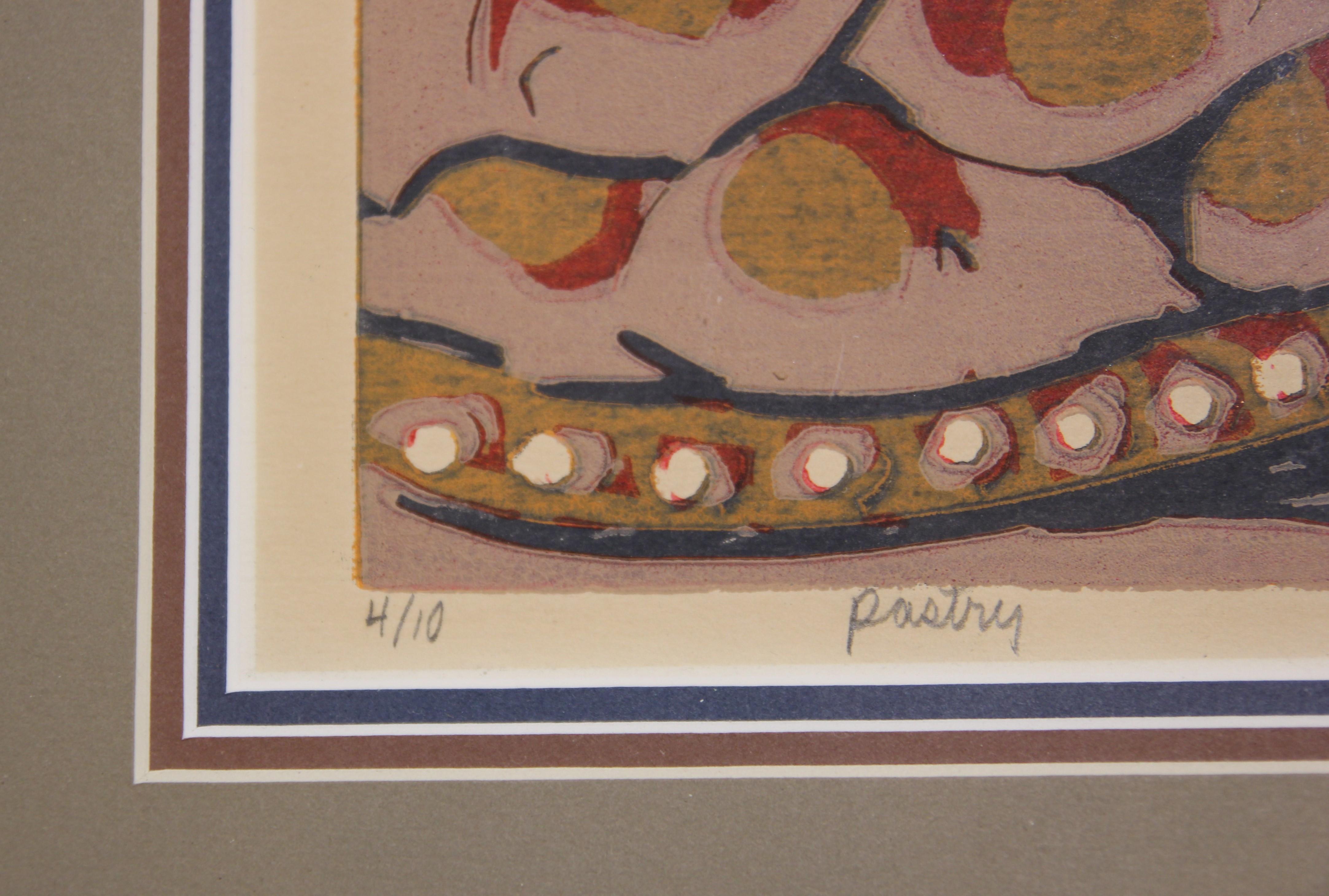 “Pastry” Red, Blue, Yellow, and White Patterned Still Life Woodblock Print - Brown Interior Print by Richard Conn