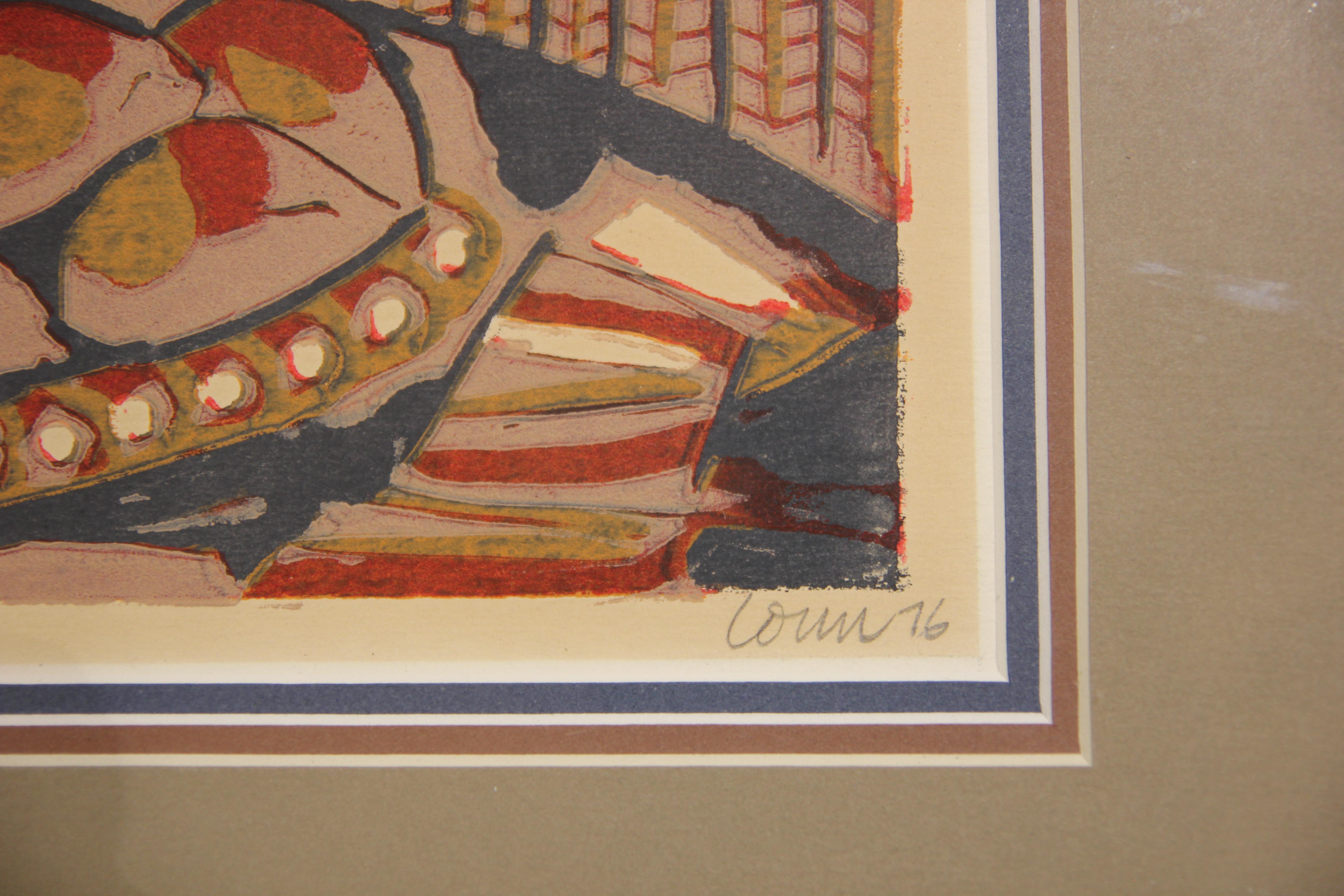 Colored woodblock print by San Antonio, Texas artist Richard Conn. Red, blue, yellow, and white print depicting a still life of pastries within a patterned interior space. Signed, titled, dated, and editioned along lower margin. Edition 4/10. Triple
