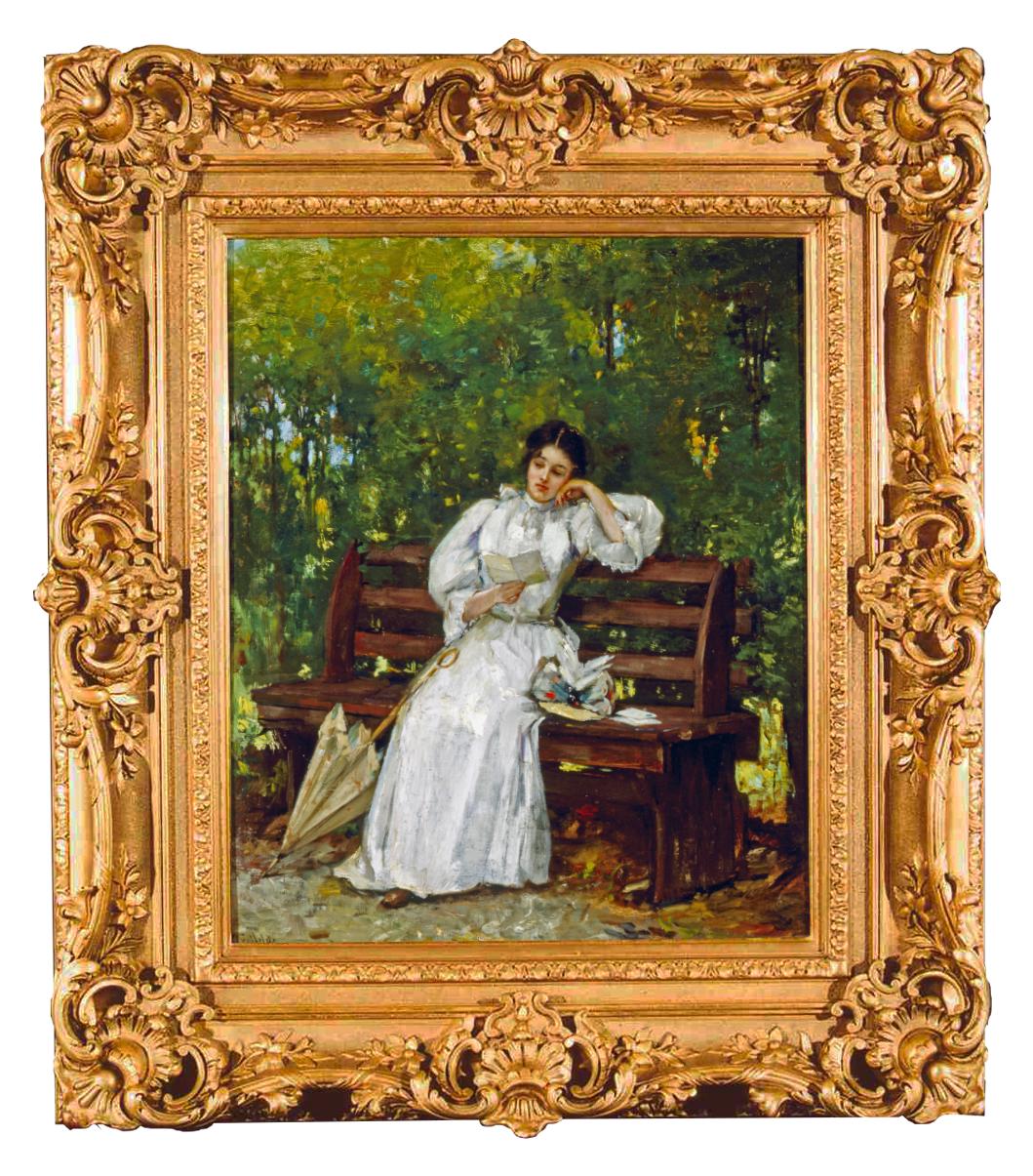 Richard Creifelds Portrait Painting - 19th Century portrait of a Woman titles "A Quiet Afternoon in the Park"