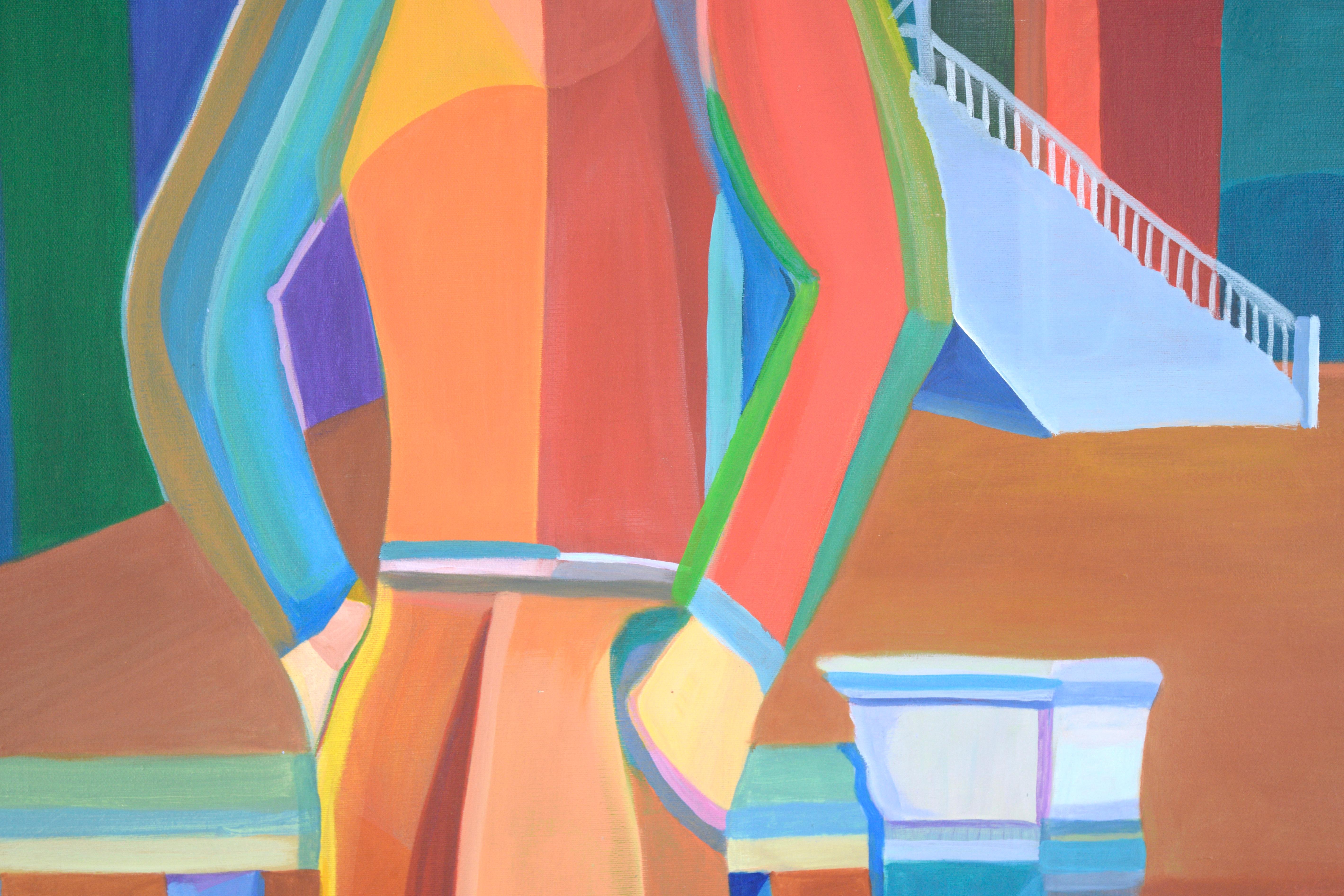 Atrevida obra figurativa de Richard Cronin (estadounidense, nacido en 1952). Dos figuras están de pie en un patio, dándose la espalda. Las figuras y la escena están representadas con formas cuadriculadas y atrevidas, con colores suavemente mezclados