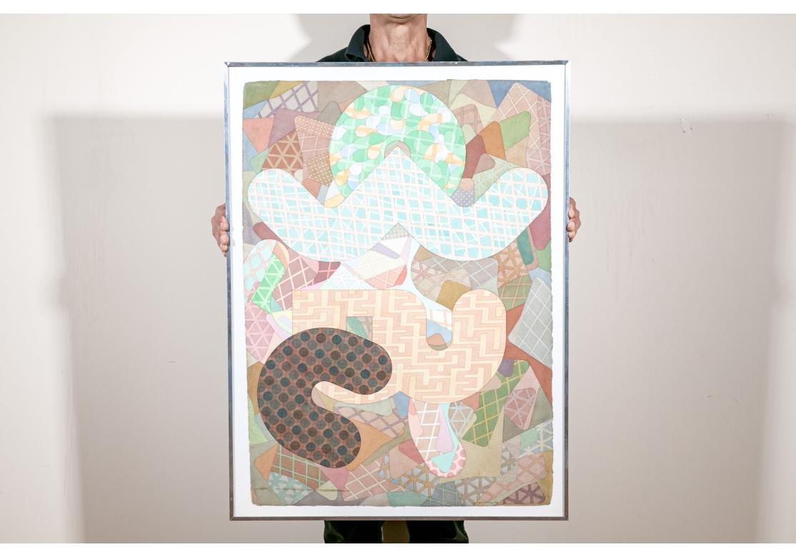Richard D. Rush watercolor geometric work on paper with deckled edge and surmounted on white paper. Partial label on verso from London Gallery.
Presented in a nickel frame, glazed.
Signed lower right and dated 1970
Titled Jati.
Dimensions: 
Sight: