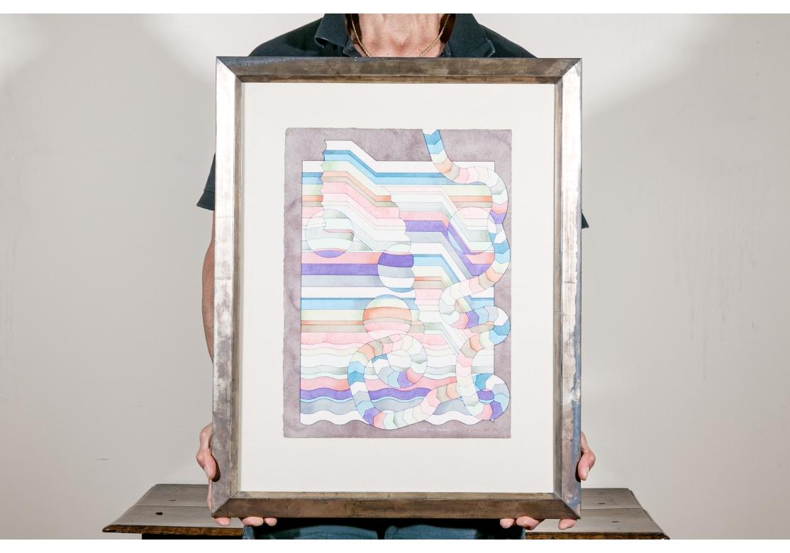 Geometrisches Aquarell in einer weichen, gedämpften Palette auf grauem Grund.
Das Werk trägt den Titel Lakes and Madders unten in der Mitte.
Signiert und datiert unten rechts 1969. 
Auf der Rückseite ist eine nette Anekdote aufgeklebt.
Präsentiert