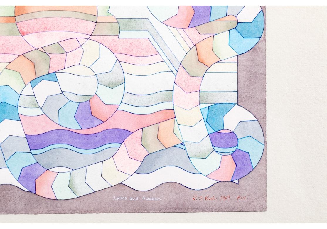 Richard D. Rush MCM Geometrisches Aquarell mit dem Titel Sees And Madders, Richard D. Rush im Zustand „Relativ gut“ im Angebot in Bridgeport, CT